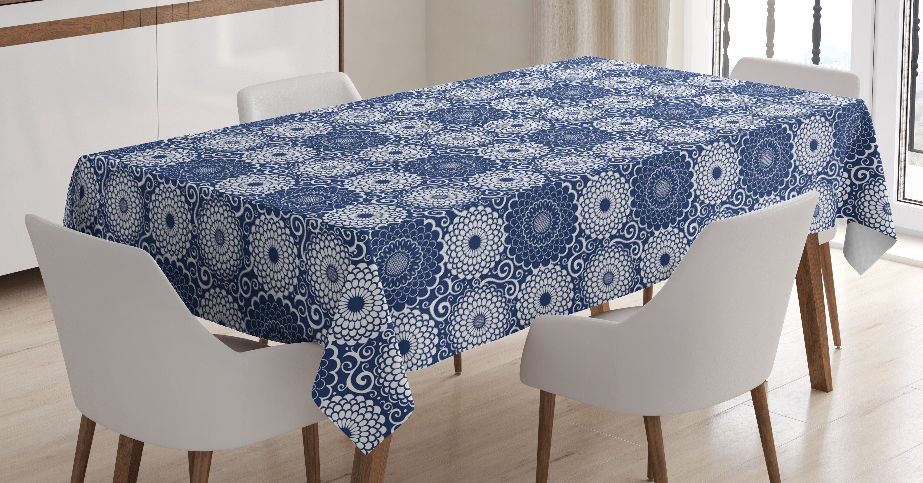 Tischdecke Für den Farbfest Waschbar Mandala Große Blauer Blumen Farben, Außen Curls Klare Abakuhaus Bereich geeignet