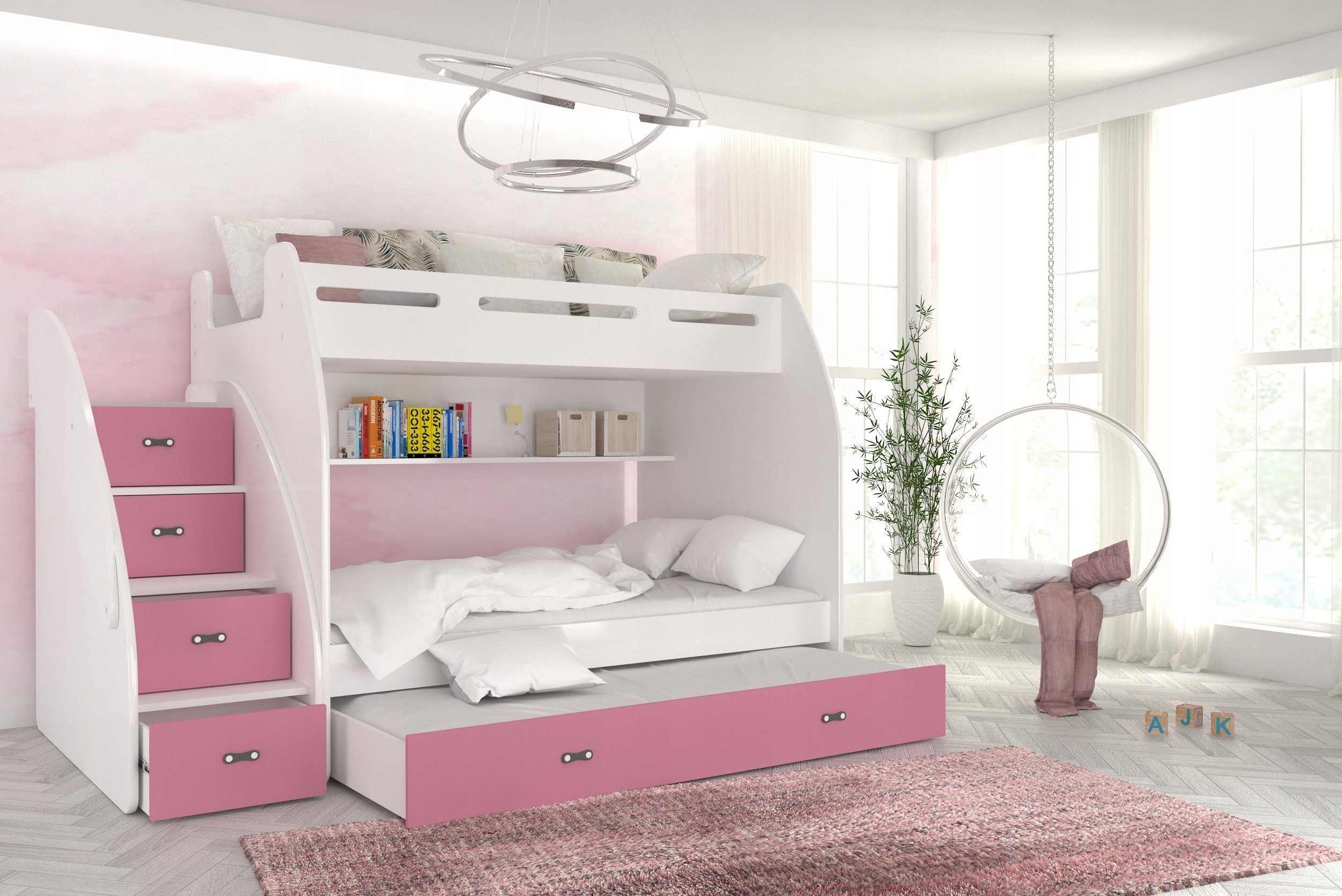 Unique Home Hochbett Kinderbett, Hochbett ZU mit Matratze für 3 Kinder,Farbe wählbar Weiß/Rosa