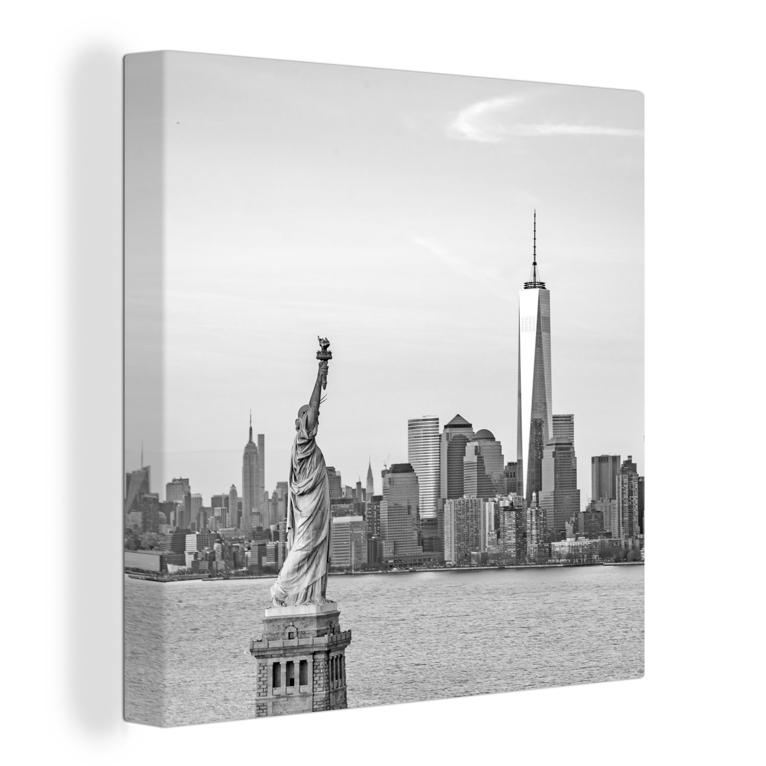 OneMillionCanvasses® Leinwandbild Die Freiheitsstatue und das One World Trade Center in New York -, (1 St), Leinwand Bilder für Wohnzimmer Schlafzimmer | Leinwandbilder