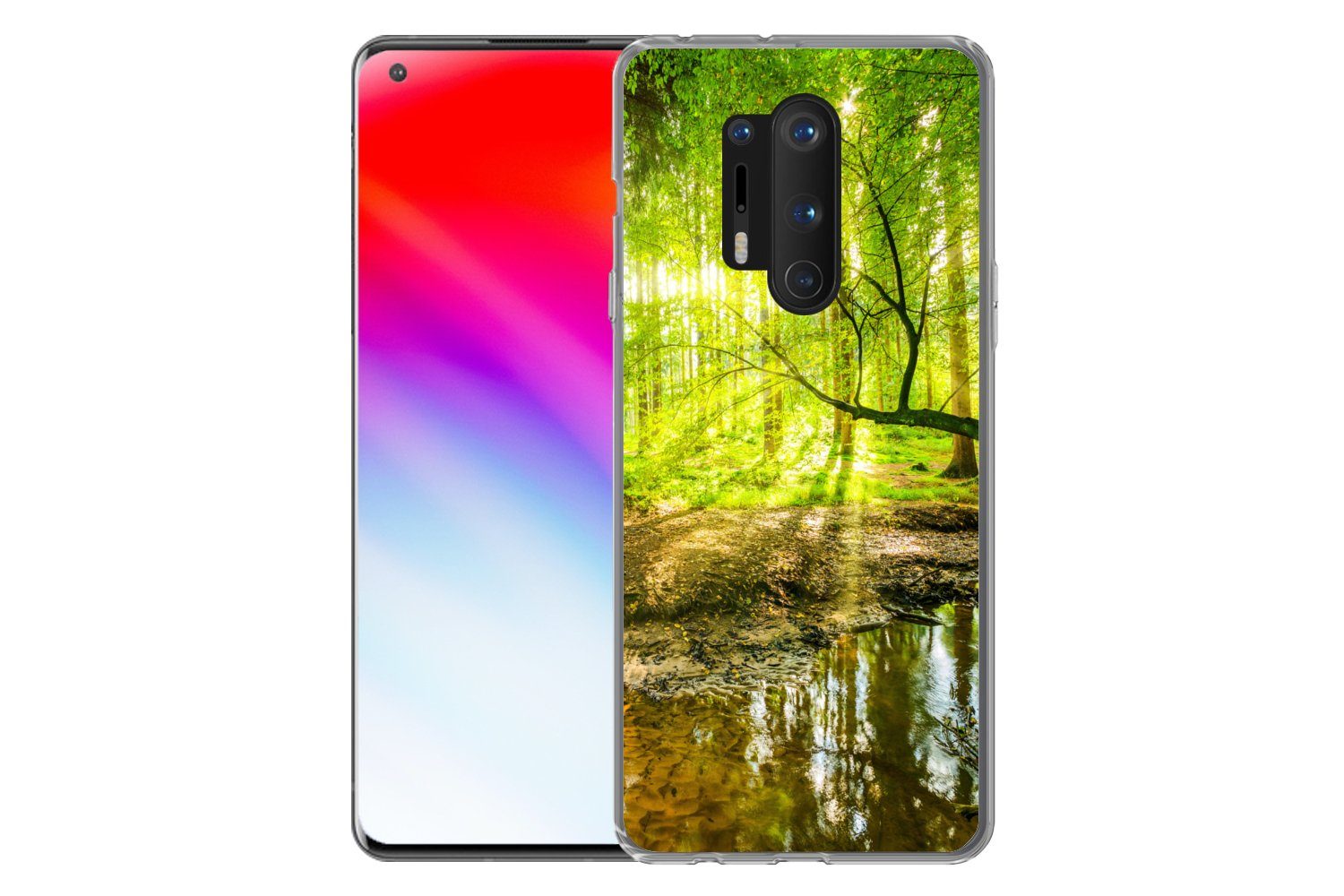 MuchoWow Handyhülle für OnePlus 8 Pro Wald - Landschaft - Wasser - Bäume - Sonne - Grün -, Phone Case, Silikon, Schutzhülle Dünn