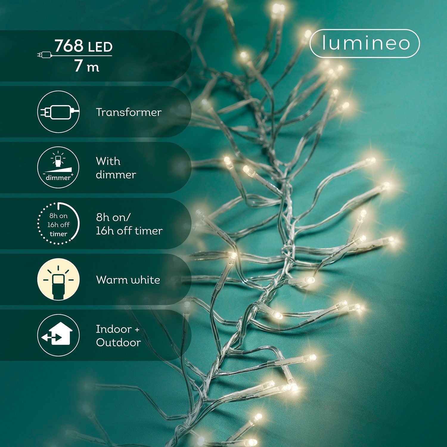 Lumineo LED-Lichterkette Lumineo Lichterkette CLUSTER 768 LED 7m warm weiß, transparentes Kabel, Indoor/Outdoor, dimmbar, 8h-Timer, + 5 m Zuleitung – Bild 2 von 5