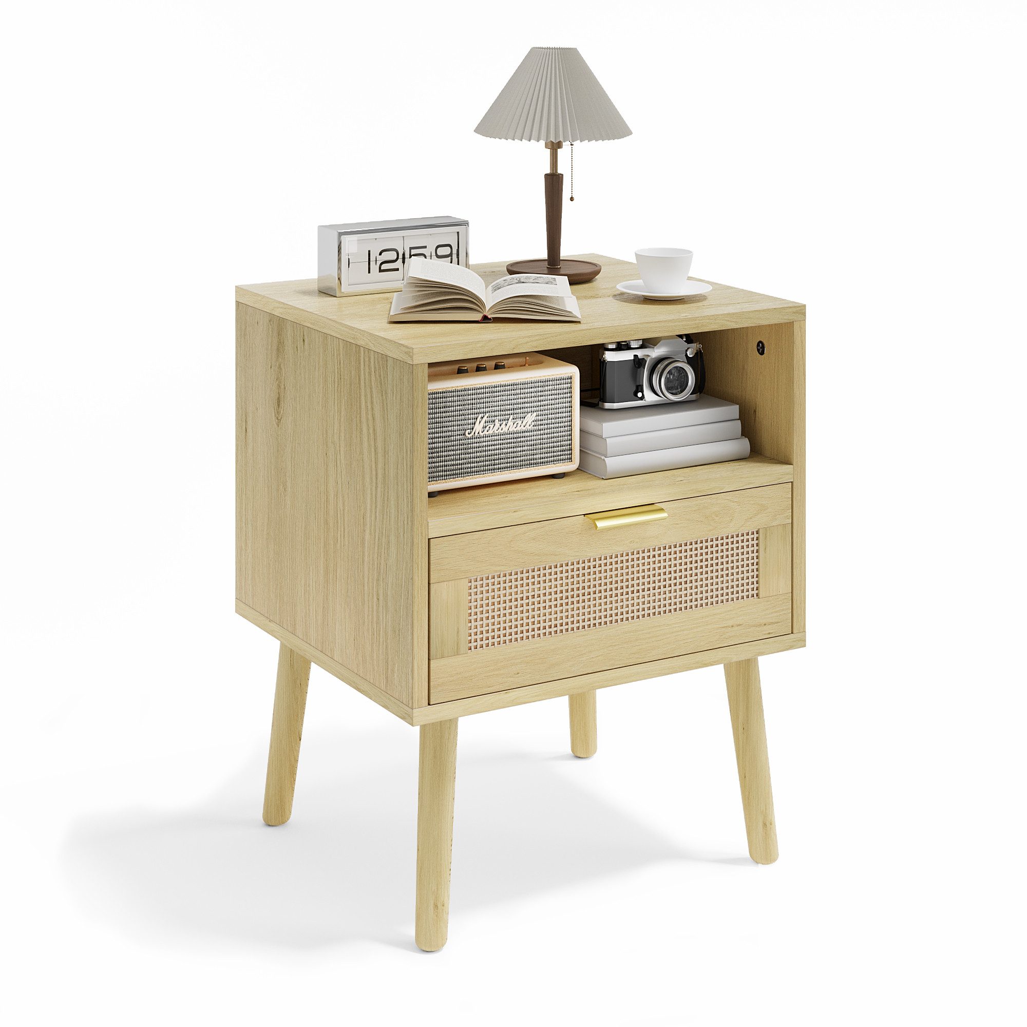 Nachttisch Boho Rattan Beistelltisch mit Schublade und offenem Regal