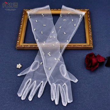 FIDDY Abendhandschuhe Abendhandschuhe Fingerlose Damenhandschuhe (Anzug, Handschuhe mit langen, zeremoniellen Ärmeln aus Mesh-Perlen) Weiße, lange, armbedeckende Brauthandschuhe