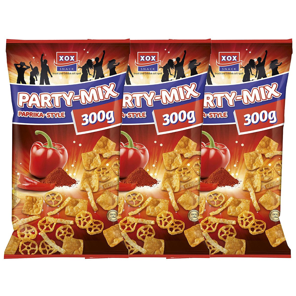 XOX Knabberei, XOX Partymix Paprika Style Kartoffel Weizen Snack 300g 3er Pack
