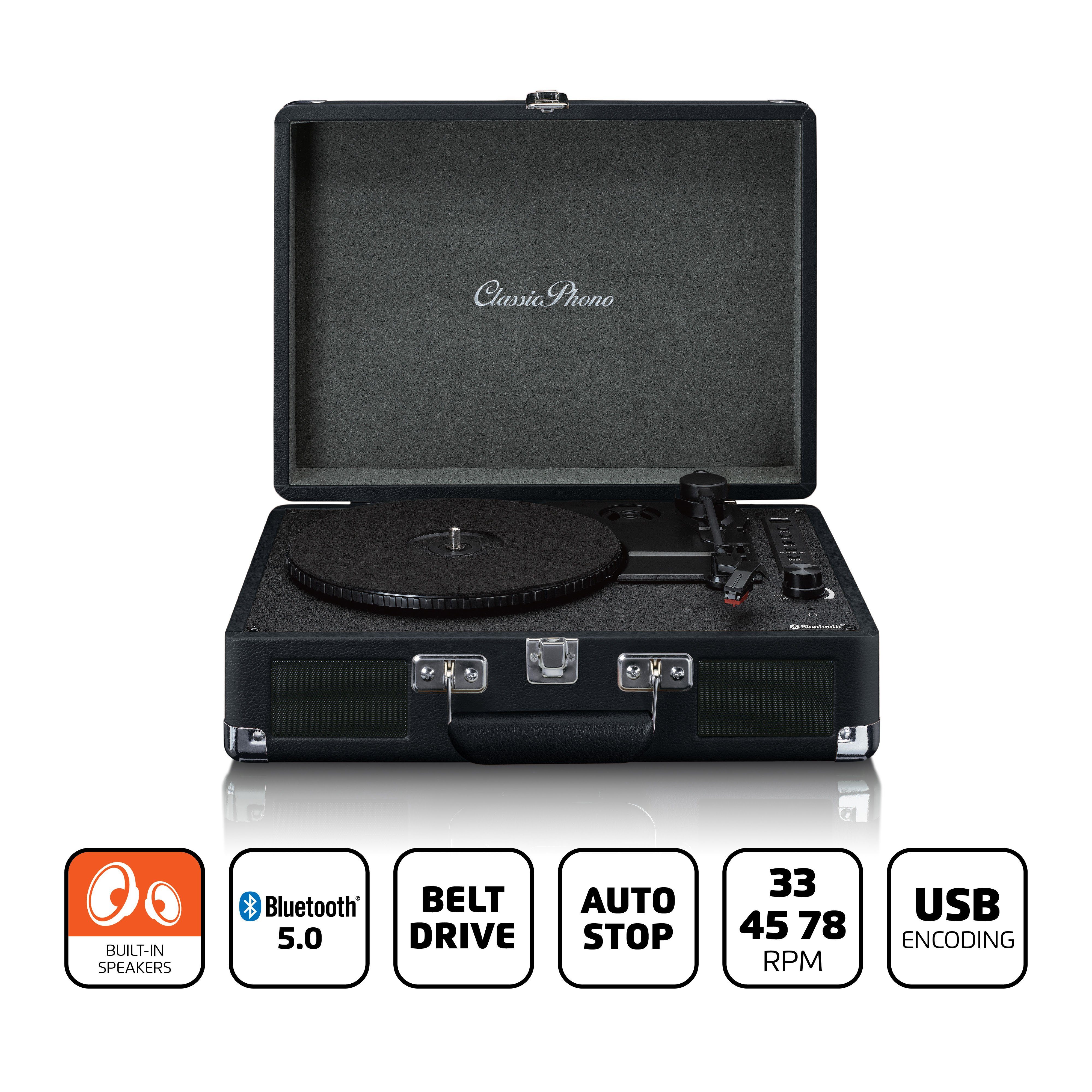 Lenco TT-115BK Plattenspieler (Riemenantrieb, Bluetooth, Retro Kofferdesign inkl. Lautsprecher & Vinyl / Bluetooth-Streaming)