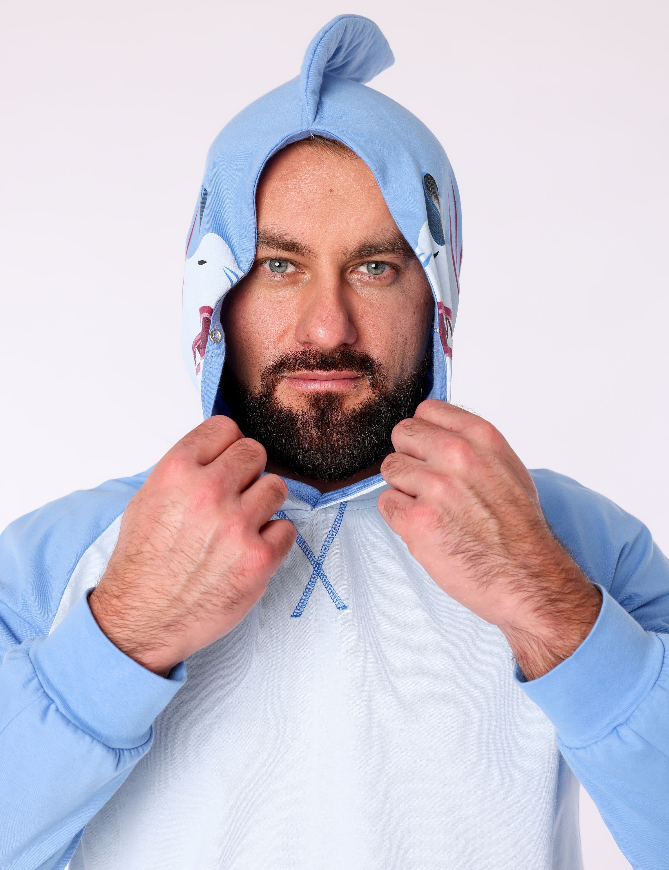 Kapuze mit Blau Schlafanzug Hai Tierkostüm Ladeheid Baumwolle Herren LA40-239 ohne aus Schlafanzug