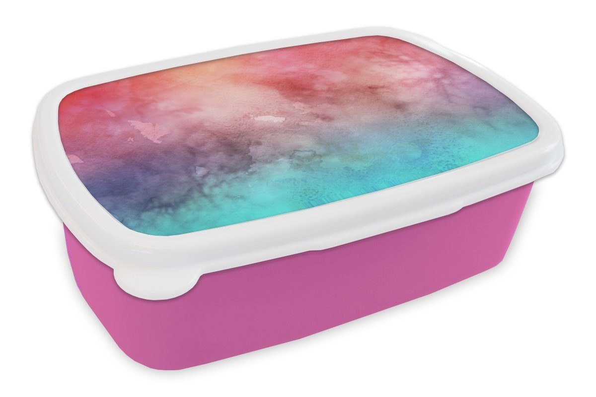 MuchoWow Lunchbox Aquarell - Rot - Blau - Farbton, Kunststoff, (2-tlg), Brotbox für Erwachsene, Brotdose Kinder, Snackbox, Mädchen, Kunststoff rosa
