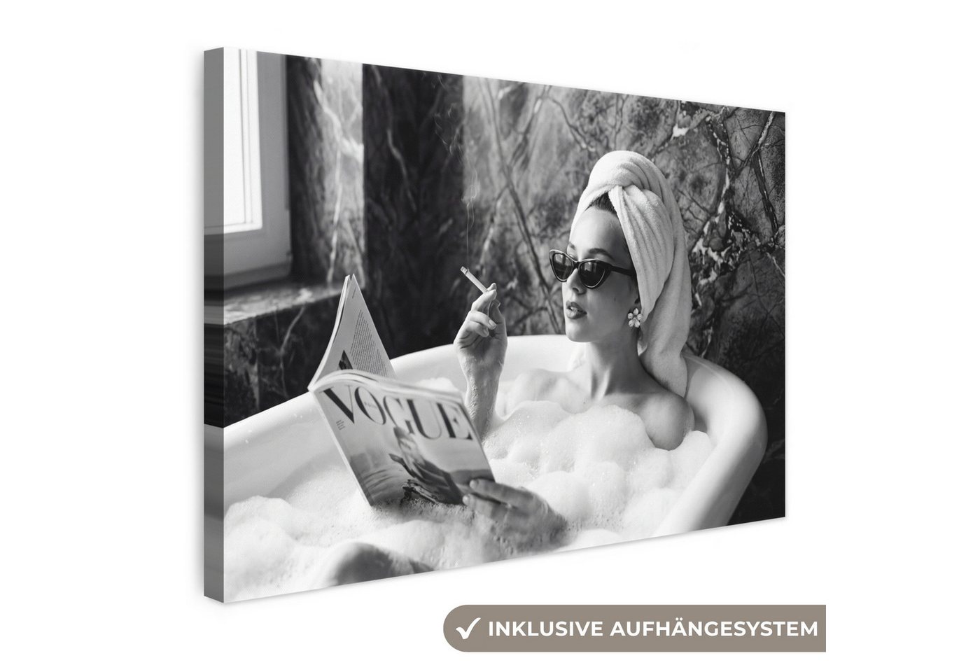 OneMillionCanvasses® Leinwandbild Relaxt - Bad - Schwarz - Weiß, Fotodruck (1 St), Leinwand Bilder Klein, Wand Dekoration Aesthetic 30x20 cm