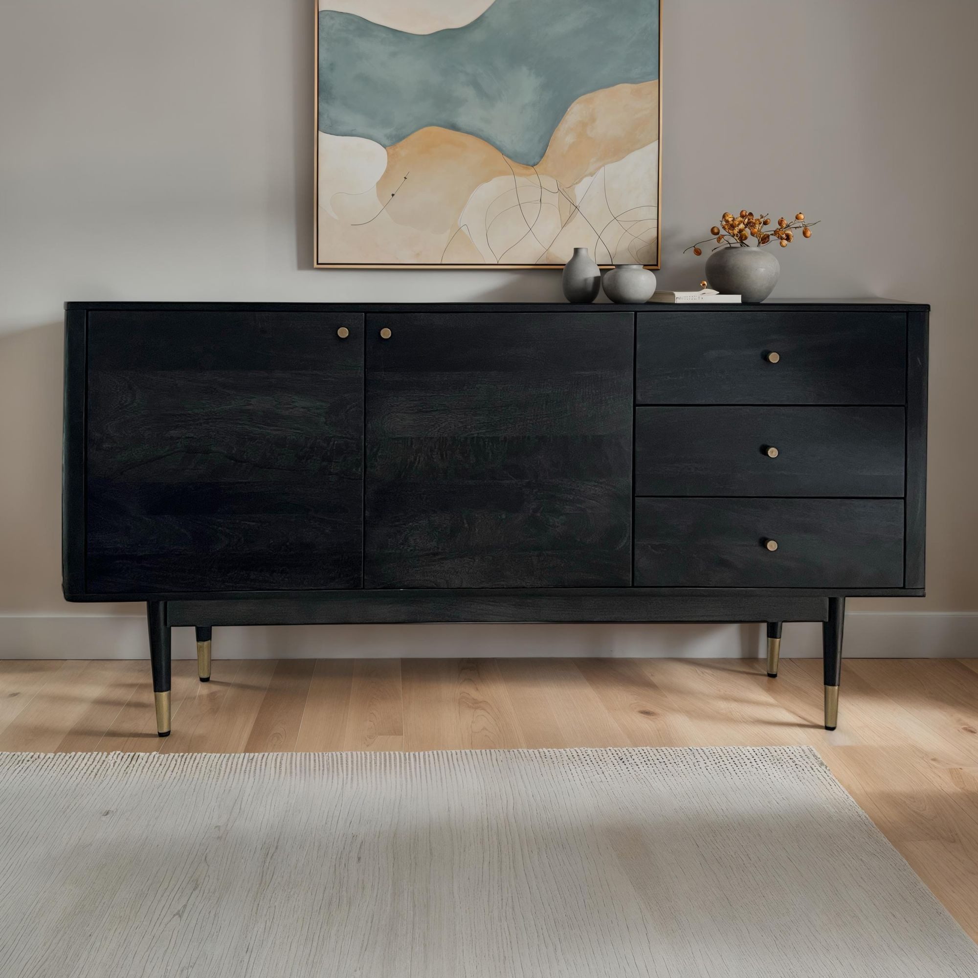 FINEBUY Sideboard FB110287 Akazie Massivholz 160cm 2 Türen 3 Schubladen Kommode Schwarz (160 cm Akazie Massivholz Schwarz, Kommode Hoch), Anrichte Modern, Standschrank Türen & Schubladen