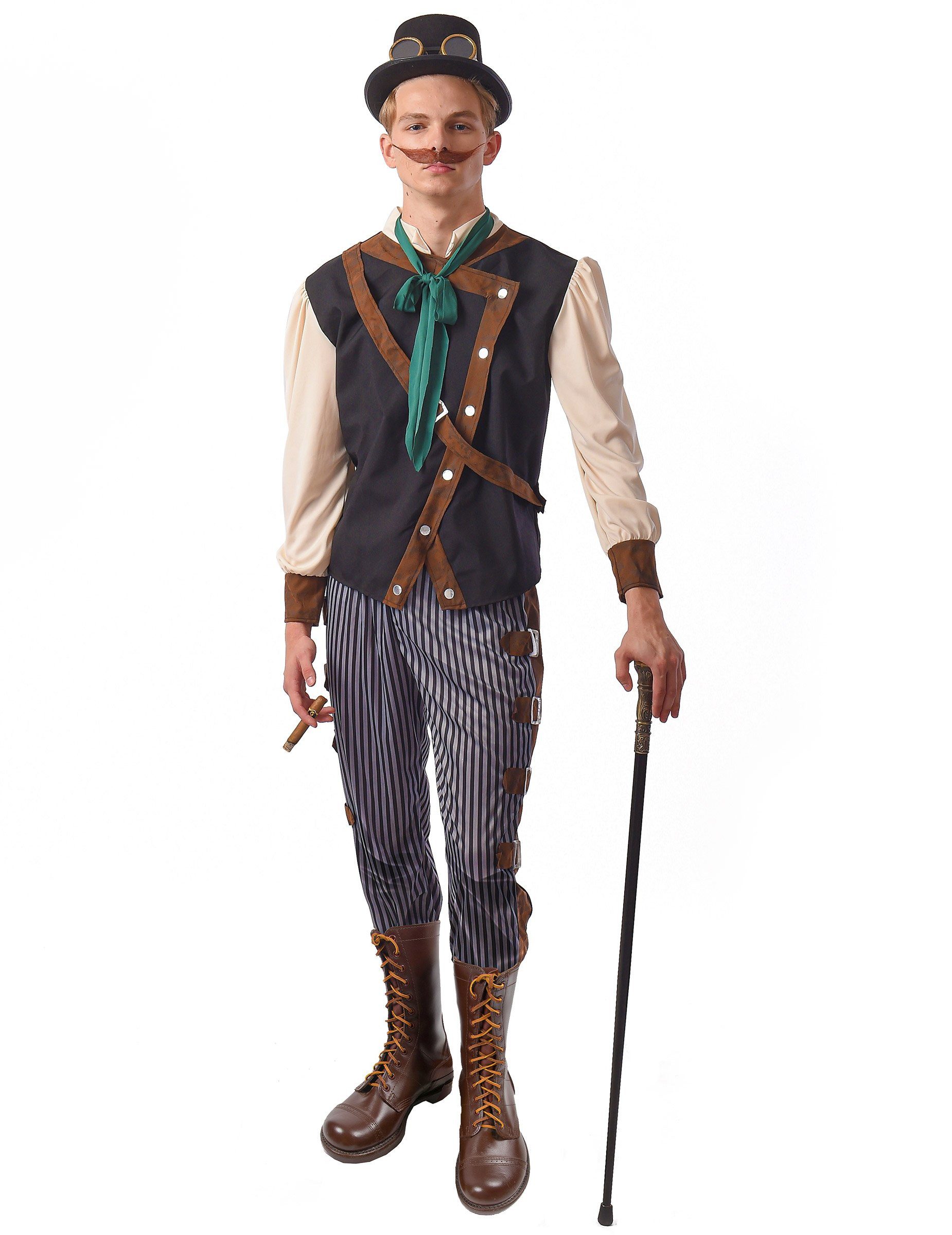 Kostüm Steampunk-Dandy-Kostüm für Herren Faschingskostüm blau-weiss-braun
