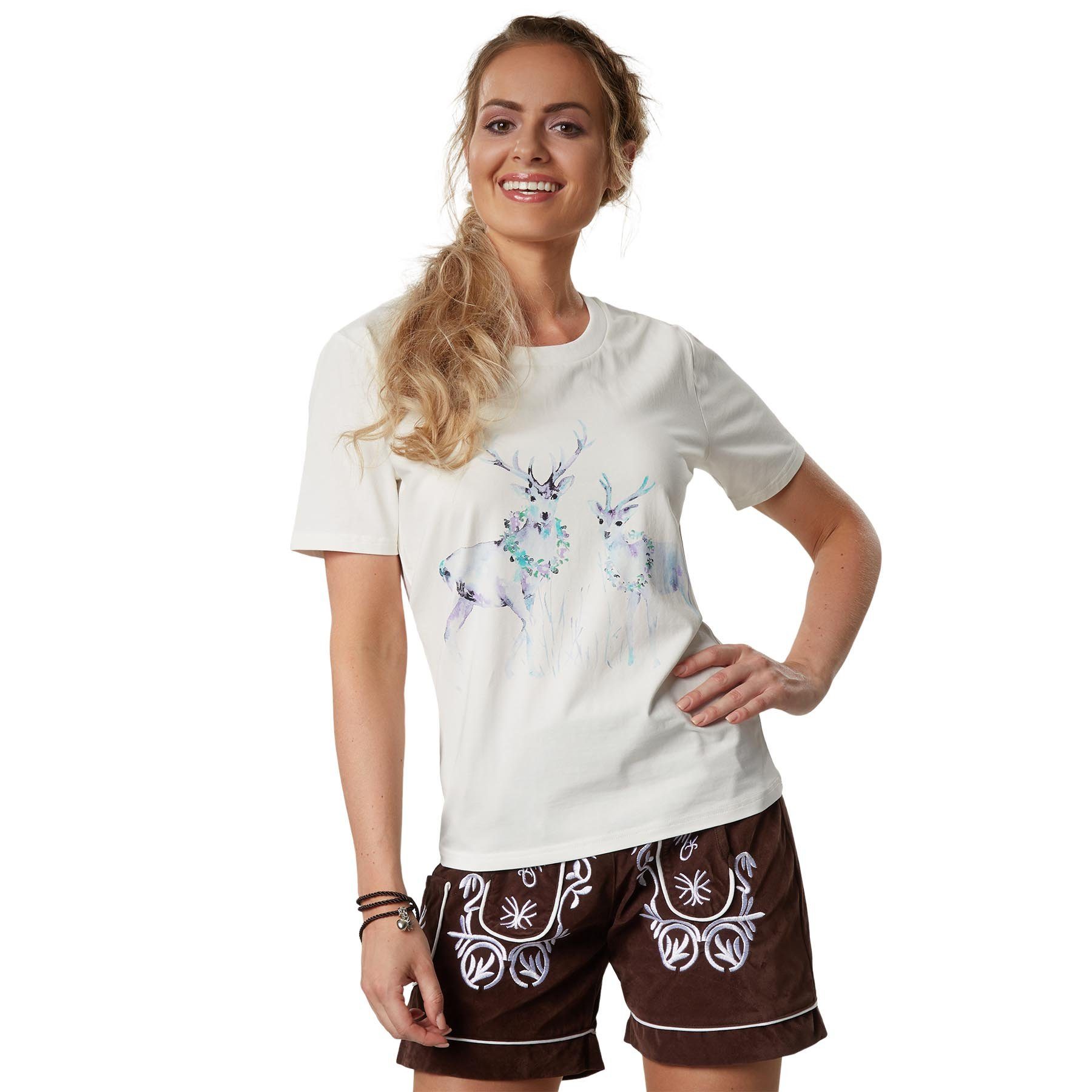 dressforfun T-Shirt Kurzarmtop, Gerade Passform und komfortabler Rundhalsausschnitt (Freizeitoberteil, Konfektionsgröße XL in weiß) T-Shirt mit stimmungsvollem Aufdruck, Leicht und angenehm zu tragen
