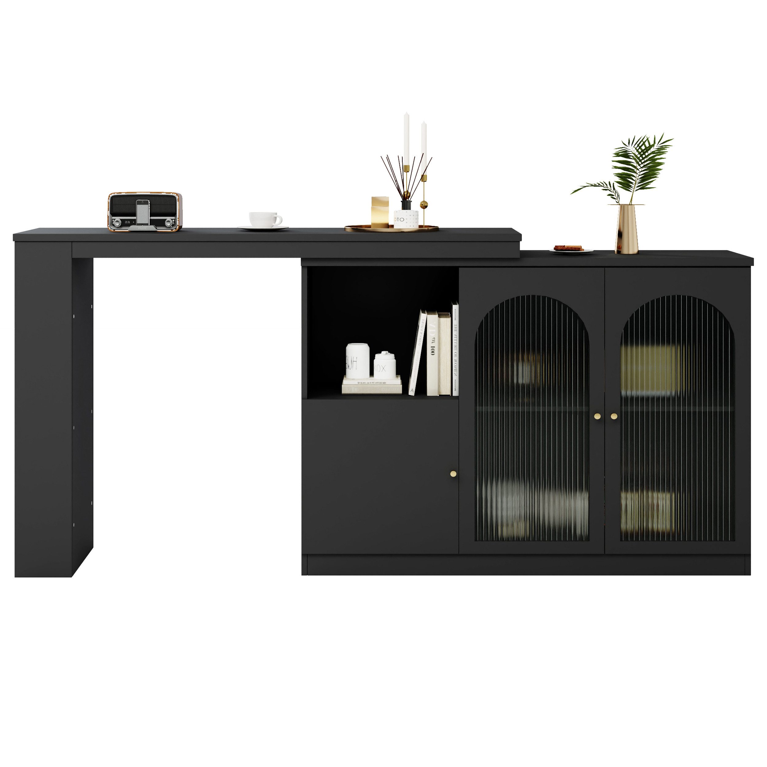 i@home Bartisch Um 360° drehbarer, Hauptkörper 120 x 40 x 97 cm (Bis 60 kg belastbar, Aufbewahrungsschrank mit Changhong-Glastür), moderner und einfacher schwarzer rotierender Ess- und Barschrank