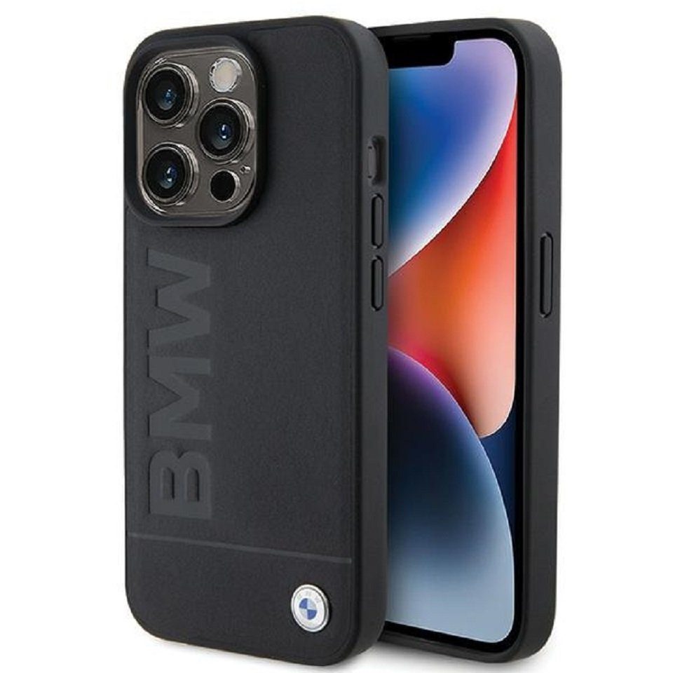 BMW Handyhülle Case iPhone 15 Pro Max Echtleder schwarz Logo Metall 6,7 Zoll, Kantenschutz