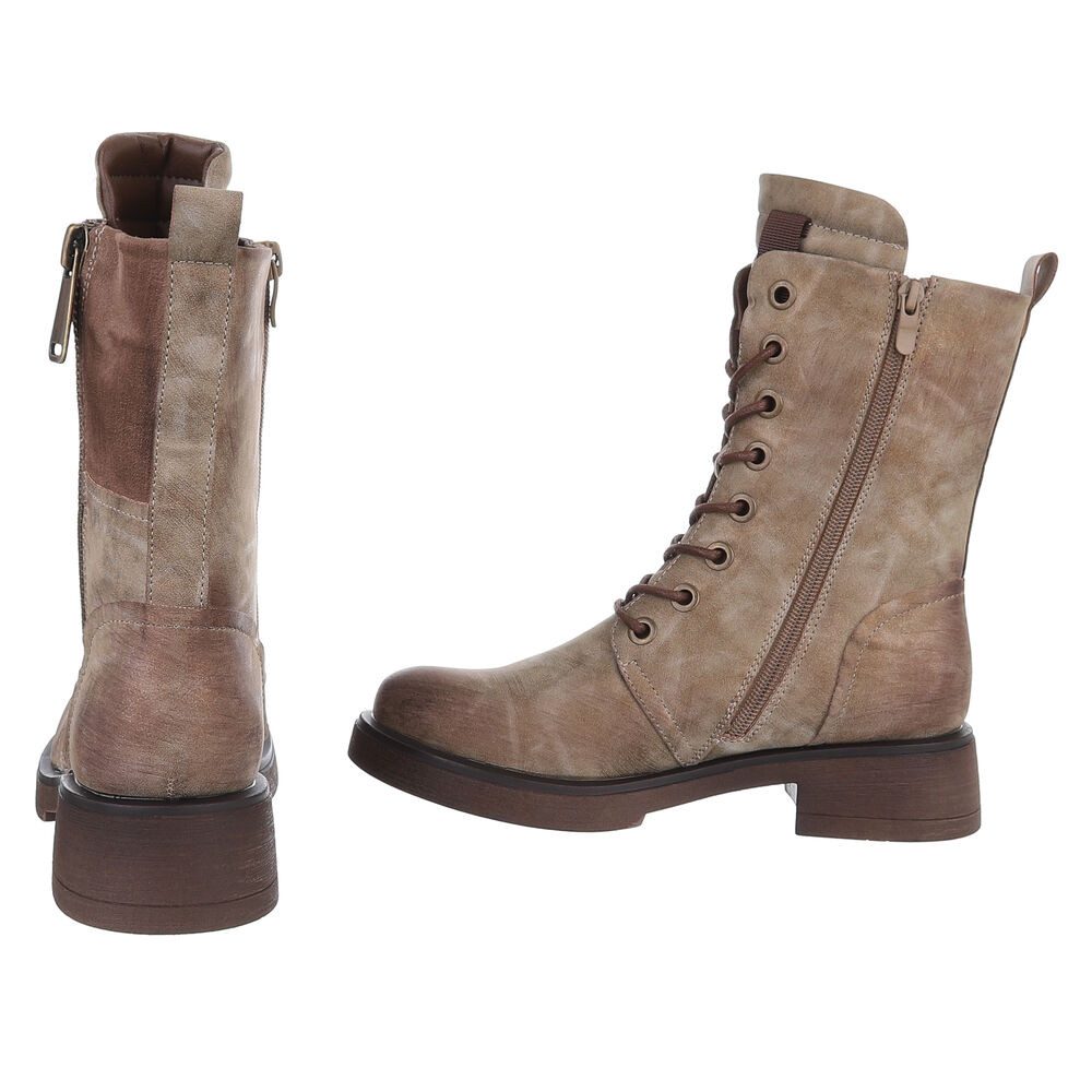 Ital-Design Modischer Damen-Boot mit Reißverschluss und Schnürung Schnürstiefelette (90515102) Blockabsatz Schnürstiefeletten in Beige