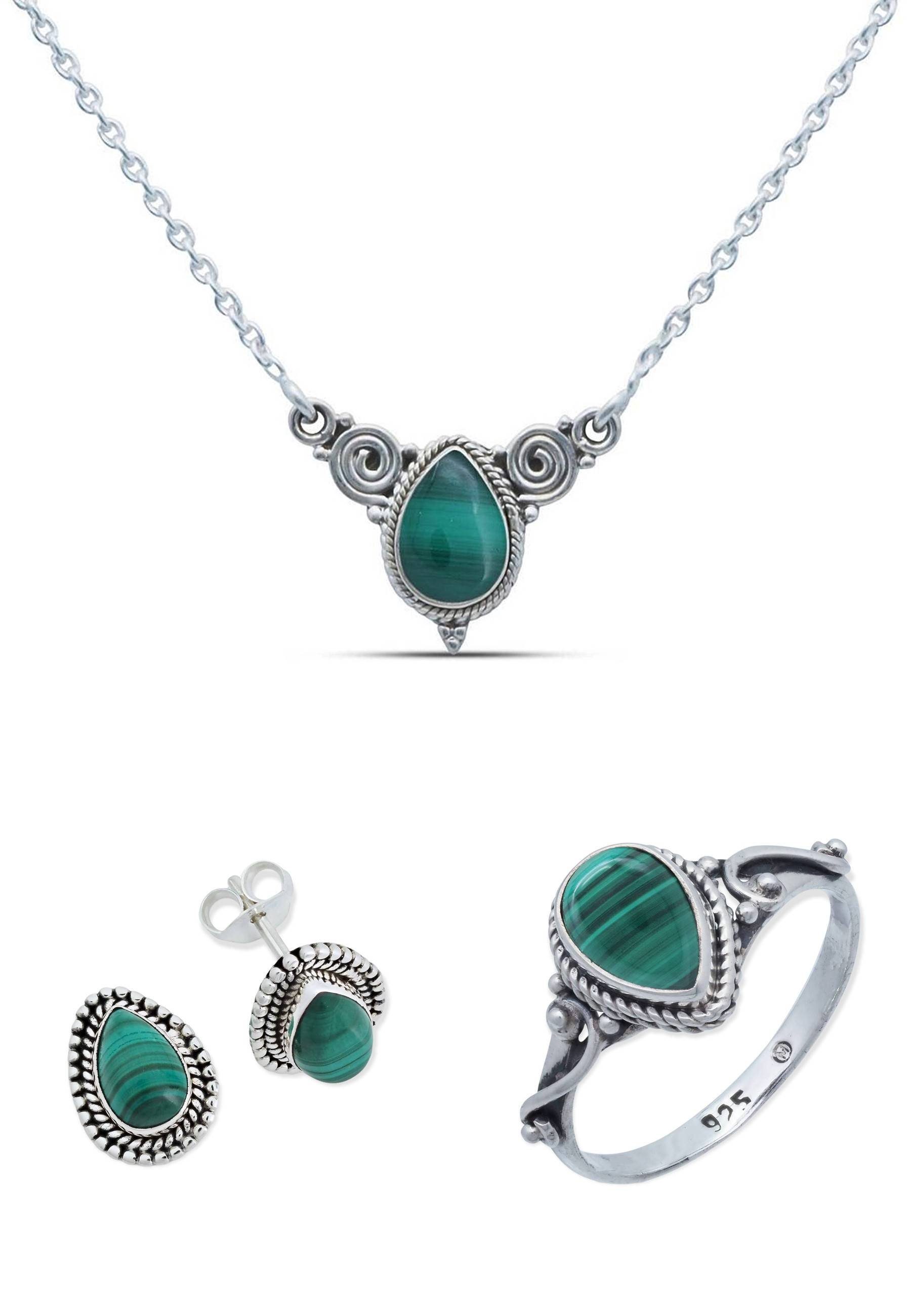 mantraroma Schmuckset 925er Silber mit Malachit (Schmuckset aus 925 Silber)