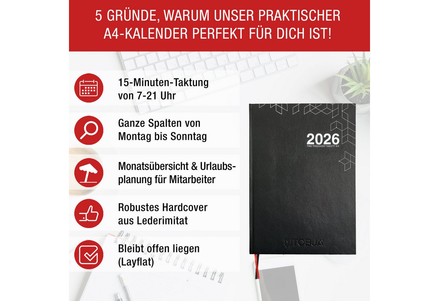 Thumbnail - TOBJA Buchkalender Buchkalender 2026 A4 Hardcover Layflat 15-Minuten-Taktung Terminplaner, Praxisplaner 2026, Reservieru...