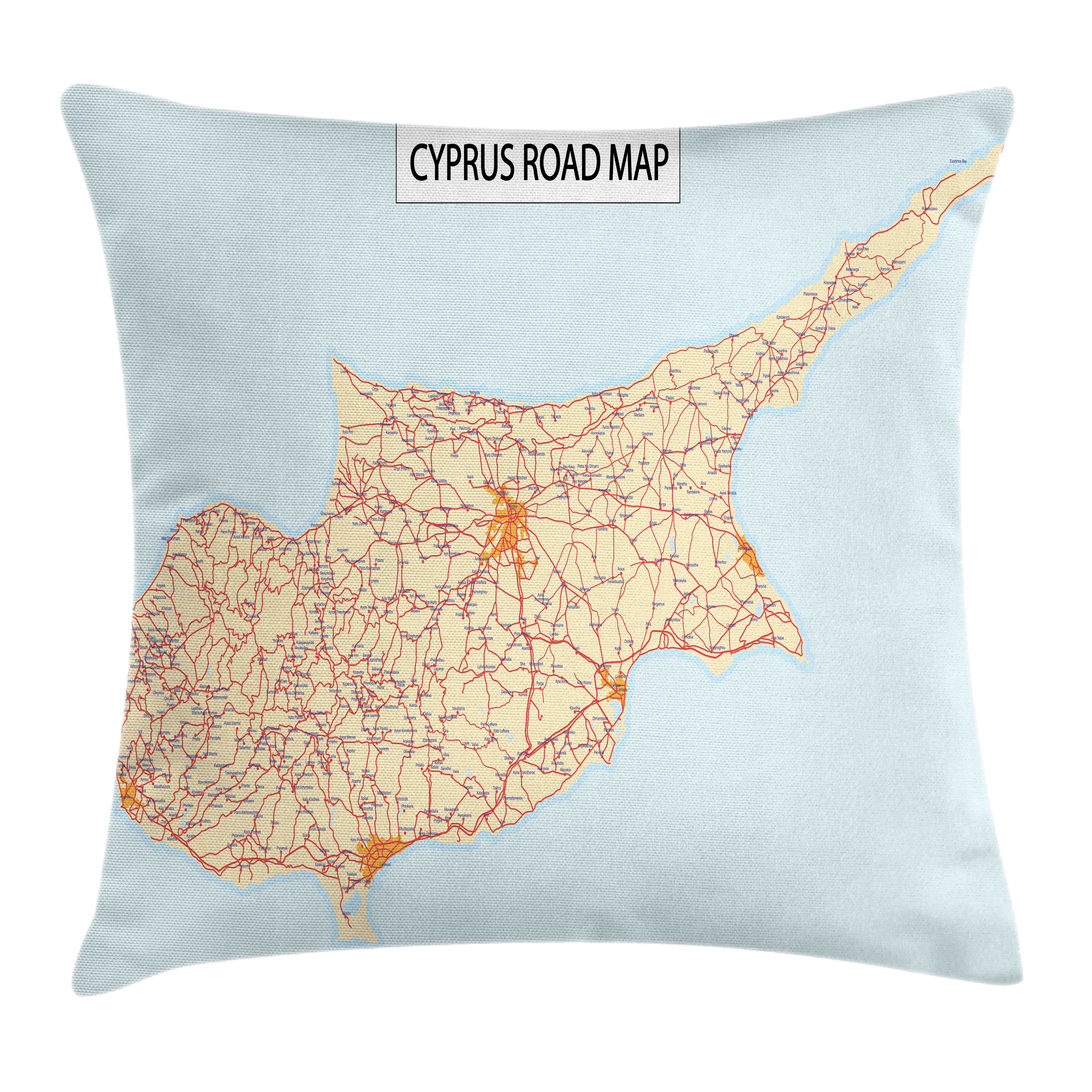 Map Farbfesten Druck, (1 Kissenhülle mit Klaren Detaillierte Kissenbezüge Road Farben Abakuhaus Reißverschluss Beidseitiger Zypern Country Stück), Waschbar mit