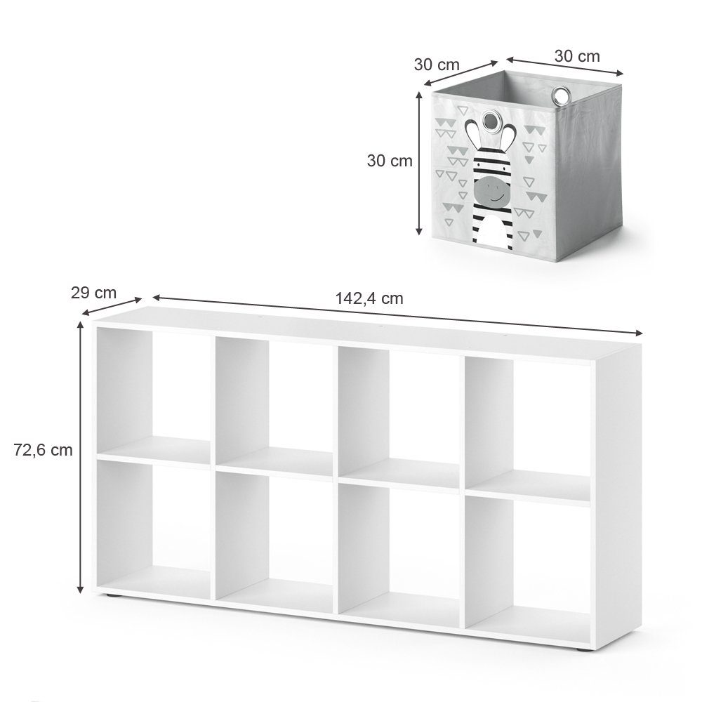 Vicco Bücherregal Scutum, Weiß, 143 x 72.6 cm mit 8 Faltboxen, 1-tlg.