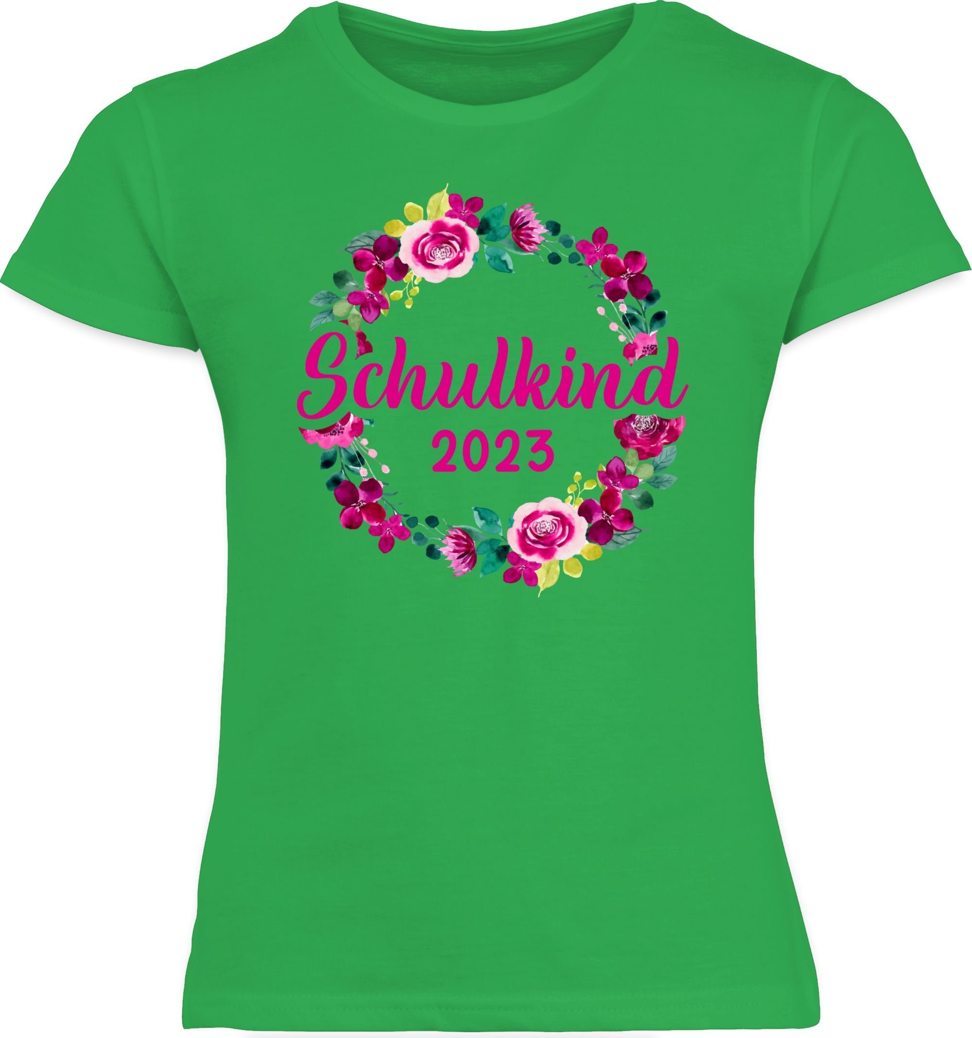 Shirtracer T-Shirt Schulkind Grün Blumenkranz 2023 Mädchen Einschulung 1