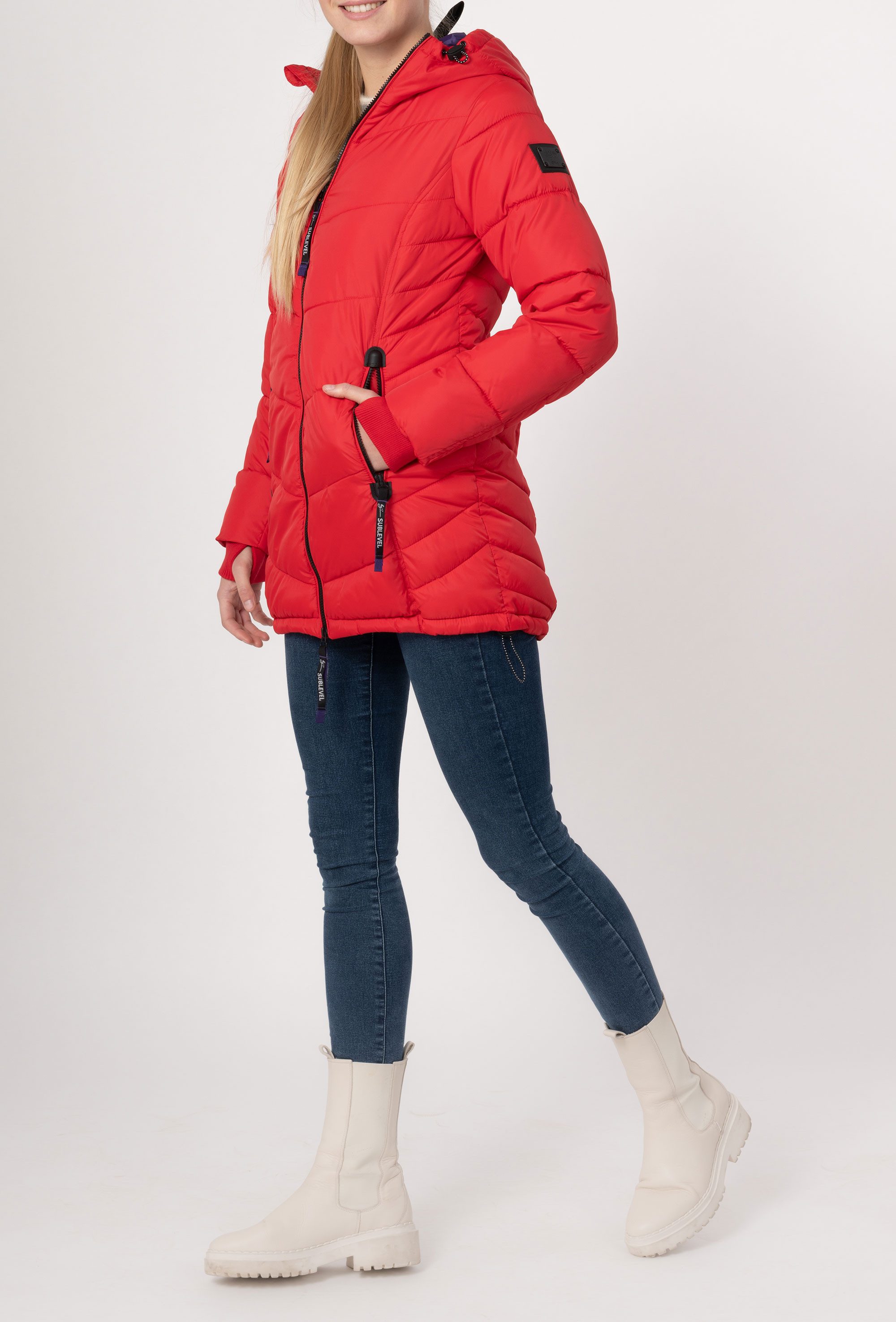 SUBLEVEL Steppjacke Damen Mantel mit Kapuze lange Winter Jacke Parka Stehkragen, Kapuze, flauschig, kuschelig, warm, Outdoor, Mantel