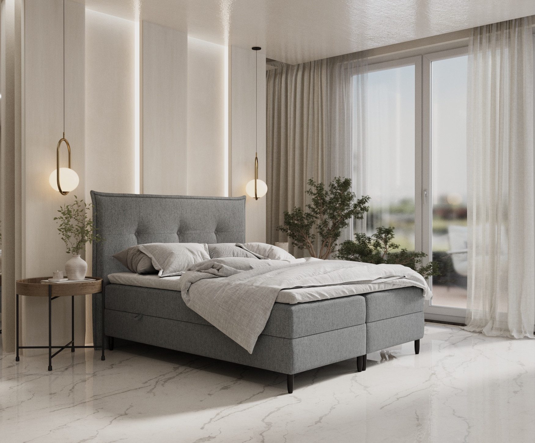 Maison de Rêve Boxbett mit Bettkasten Menzzo (Matratze, Stauraum, Kopfteil, Topper), Boxspringbett mit Taschenmatratze H3, Doppelbett, inkl. Visco-Topper