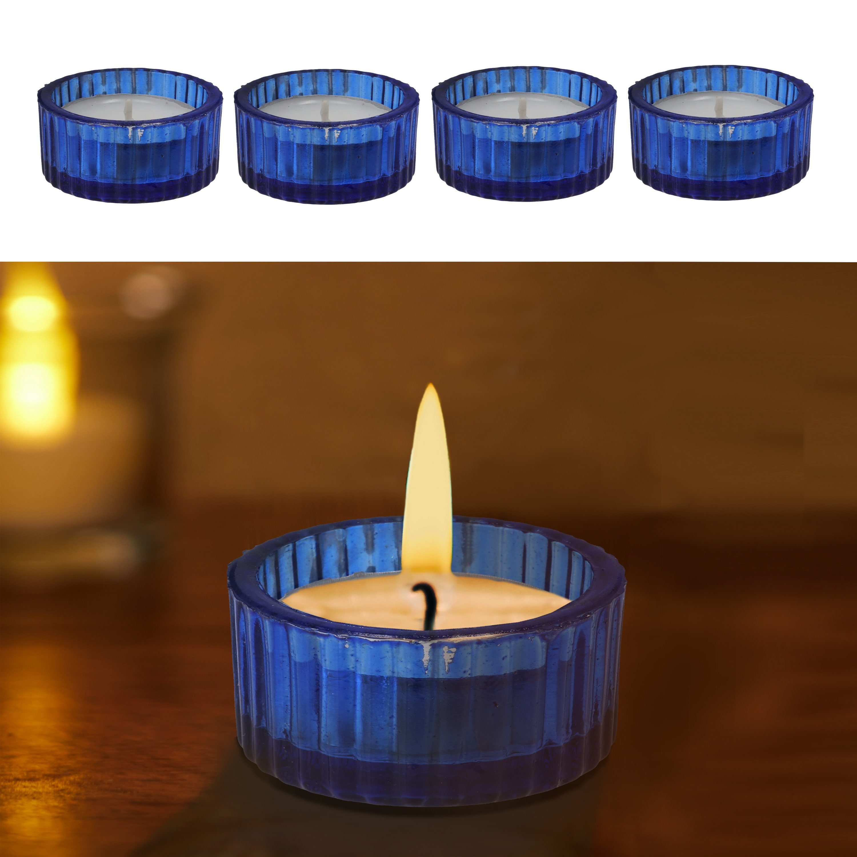 CEPEWA Teelichthalter Teelichthalter 4er Set Glas blau Ø5x3cm Teelichtglas Windlicht