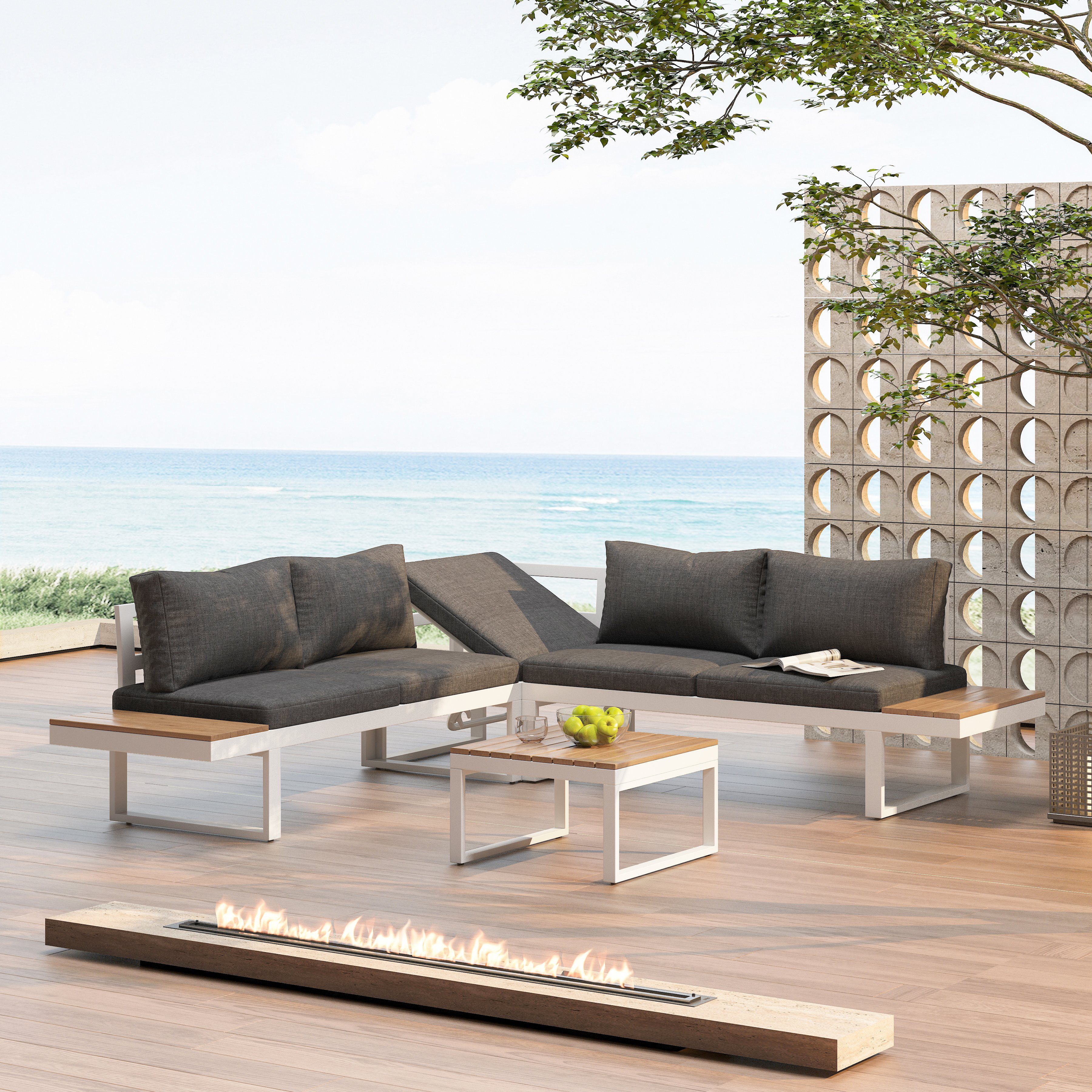 Ulife Gartenlounge-Set Weißes Lounge-Set aus Holz-Kunststoff-Platte,  Gartenmöbel mit 5 Sitz, (Set, 2 Sofas, 1 Tisch), Galvanisierter  Stahlrahmen, Leinen Bezug, inkl. Kissen