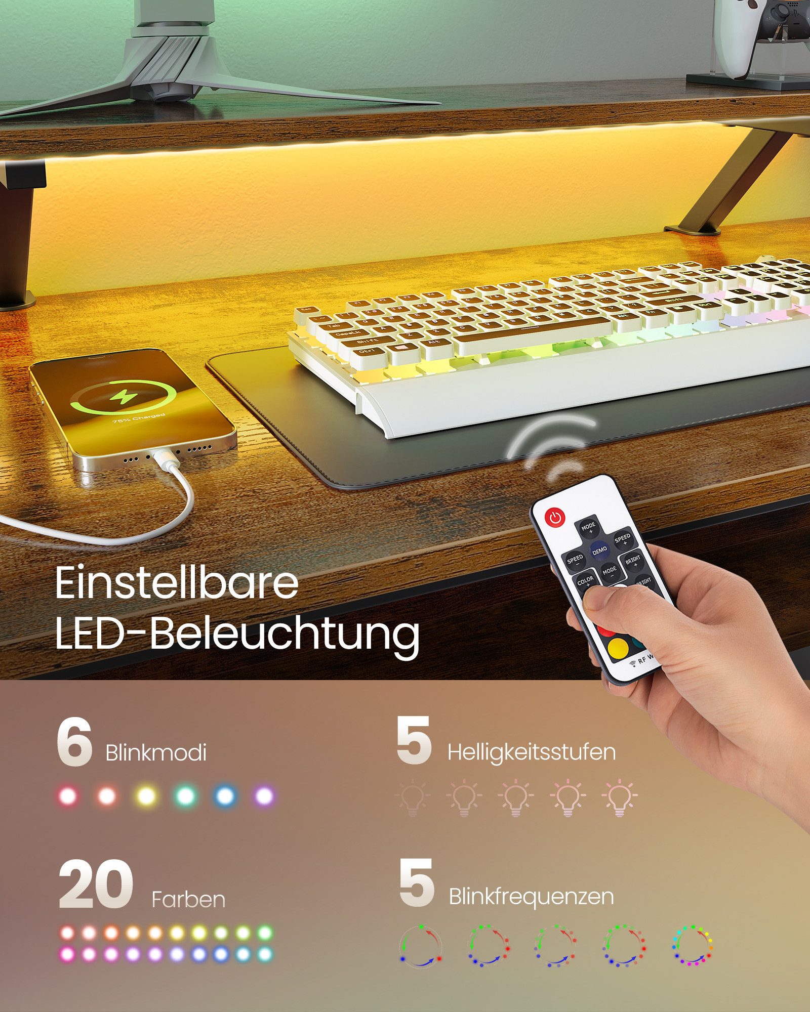 VASAGLE Schreibtisch L-förmiger Computertisch, Gaming-Tisch, 120 x 150 x 76 cm, Homeoffice, mit Monitorständer, LED-Beleuchtung, USB-Anschlüsse, vintagebraun