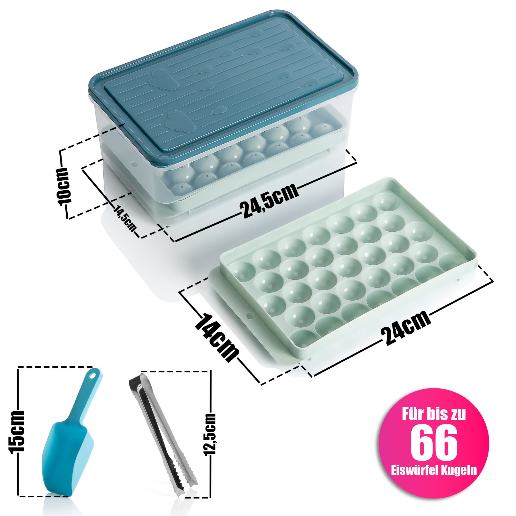 BigDean Eiswürfelform für 66 runde Eiskugeln – Set mit Deckel, Box, Schaufel & Zange, (Set 4-tlg), Maximale Ausbeute, Full-Service-Set, Lebensmittelecht