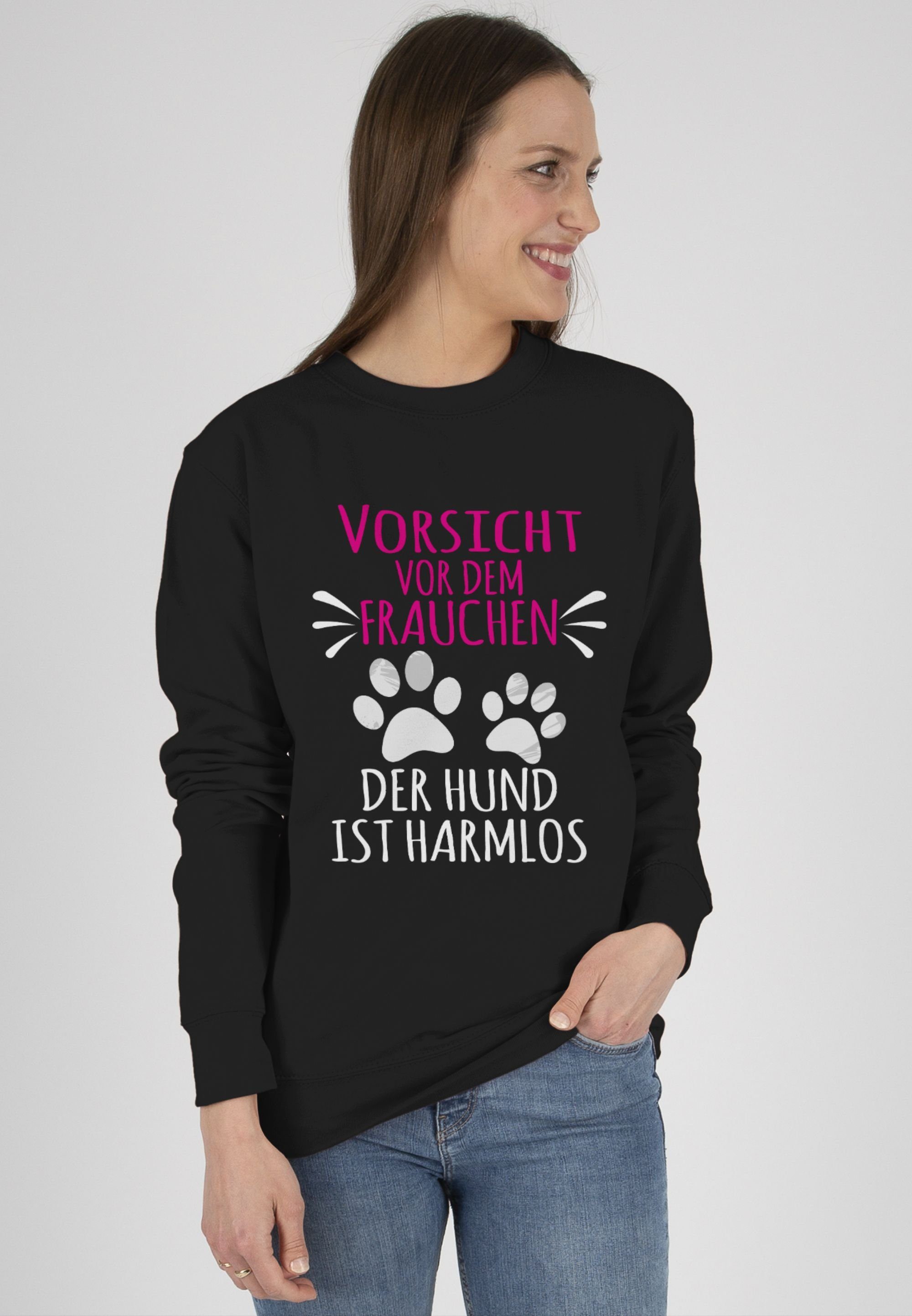Shirtracer Frauchen weiß Pfotenabdrücke Sweatshirt Vorsicht für Schwarz (1-tlg) - Hundebesitzer Geschenk 2 vor dem -