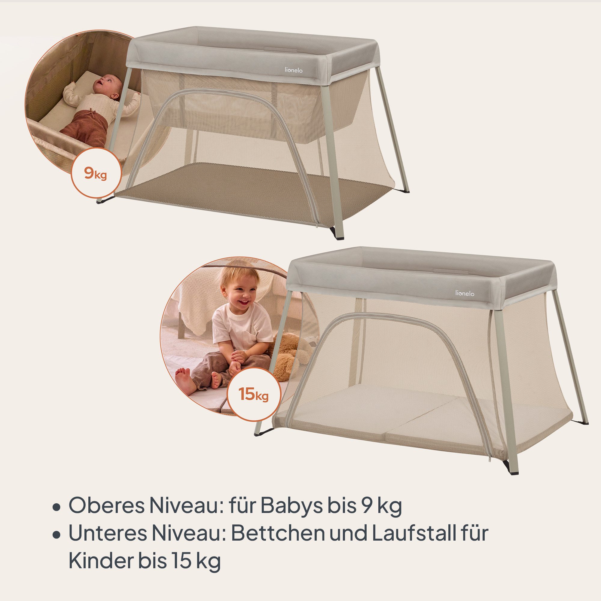 lionelo Reisebett ALICE (Set, Set mit Matratze und Transporttasche) 3in1/Faltbar/2 Ebenen/Eingang/Bis 15 kg