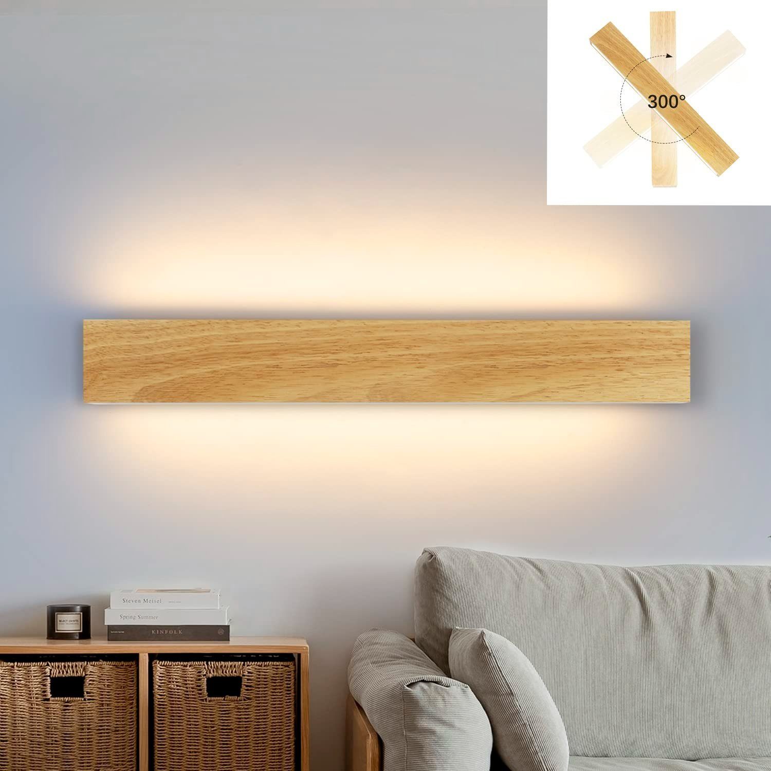 ZMH LED Wandleuchte innen Wandlampe Holz Modern Flurlampe Up und Down Design, 300° Drehbar, LED fest integriert, Warmweiß, 52cm, 17W 52cm Holzfarbe