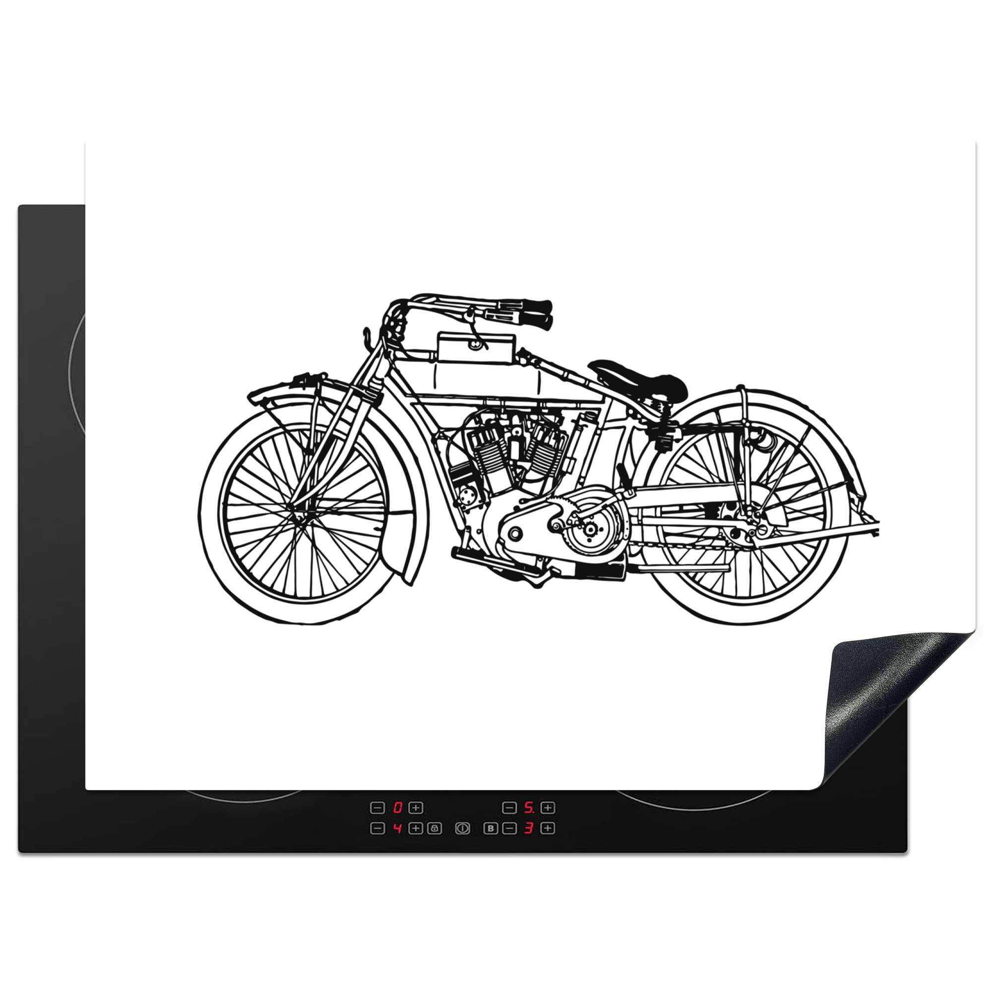 MuchoWow Herdblende-/Abdeckplatte Vintage Moped im Vektor-Stil, Vinyl, (1 tlg), 70x52 cm, Mobile Arbeitsfläche nutzbar, Ceranfeldabdeckung