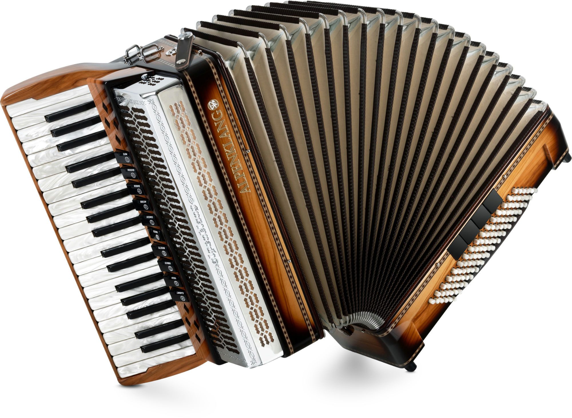 Alpenklang Knopf-Akkordeon Alpenklang Pro Akkordeon IV 96 CM Olive (Pro-Serie), hochwertige, italienische Tipo a Mano A-Stimmplatten