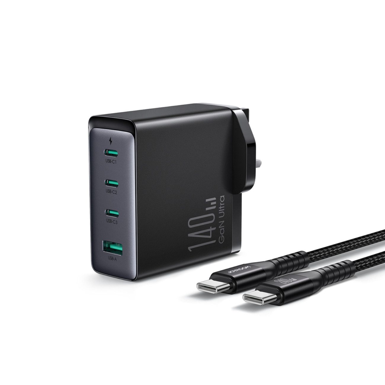 JOYROOM JR-TCG05UK USB-Ladegerät (5000 mA, Ladegerät mit Kabel, Ladegerät + USB-C/USB-C Kabel (1,2 m, 240W), GaN-Schnellladegerät 140W, 4 Ports, UK-Stecker, inkl. 240W USB-C Kabel)