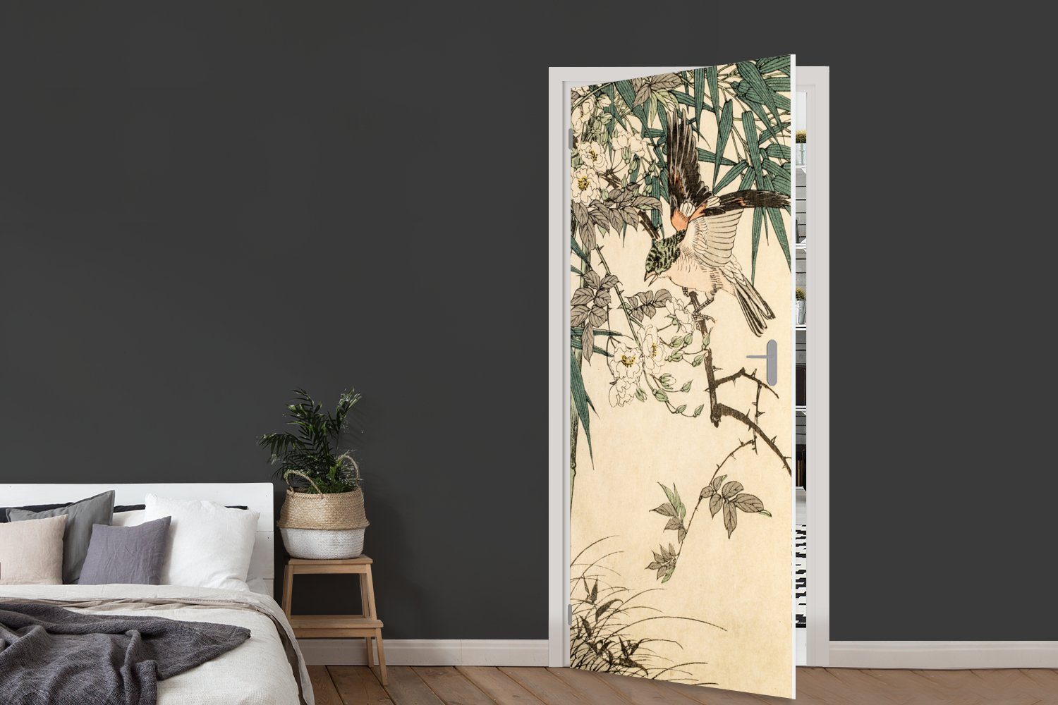 cm Tür, Türtapete für (1 im Matt, Türaufkleber, MuchoWow Bambus, bedruckt, Vogel Fototapete St), 75x205 Roter