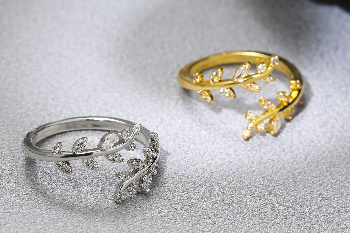 Eyecatcher Silberring 925 Sterling Silber Blätter Ring mit Zirkonia, Größenverstellbar, Olivenbaum Blätter Ring