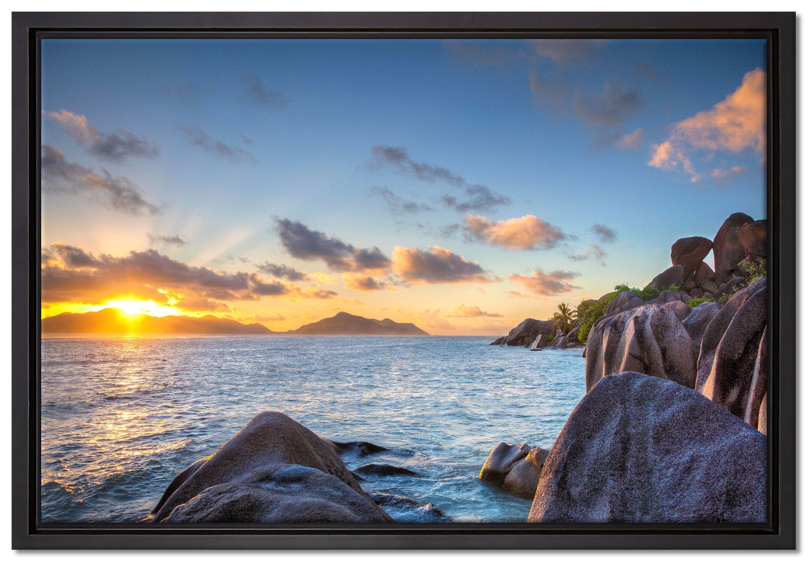 Pixxprint Leinwandbild Sonnenuntergang Seychellen, Wanddekoration (1 St), Leinwandbild fertig bespannt, in einem Schattenfugen-Bilderrahmen gefasst, inkl. Zackenaufhänger