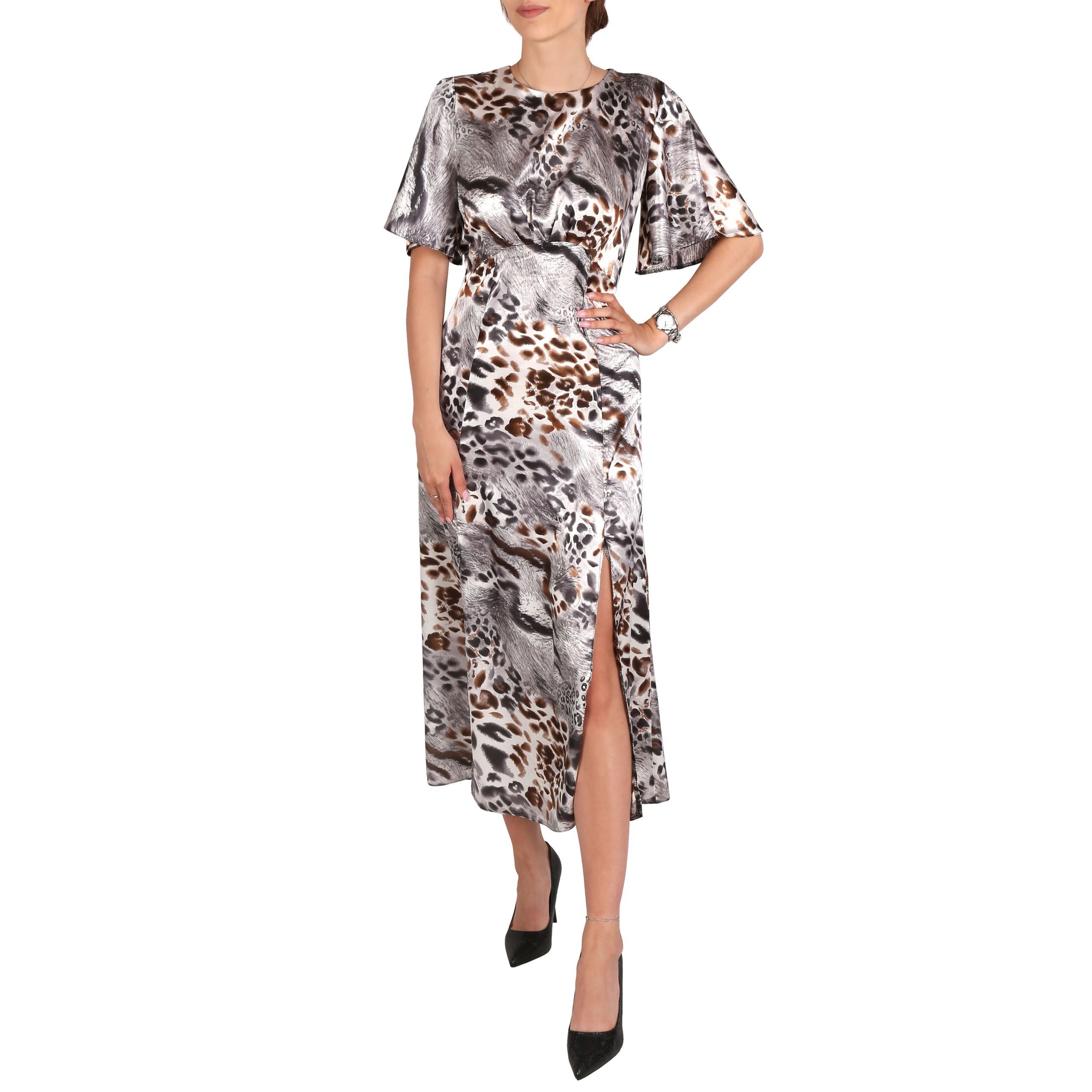 Midikleid Kleid für Damen, Tiermotiven Leopardenprint kurzärmelig John Zack L