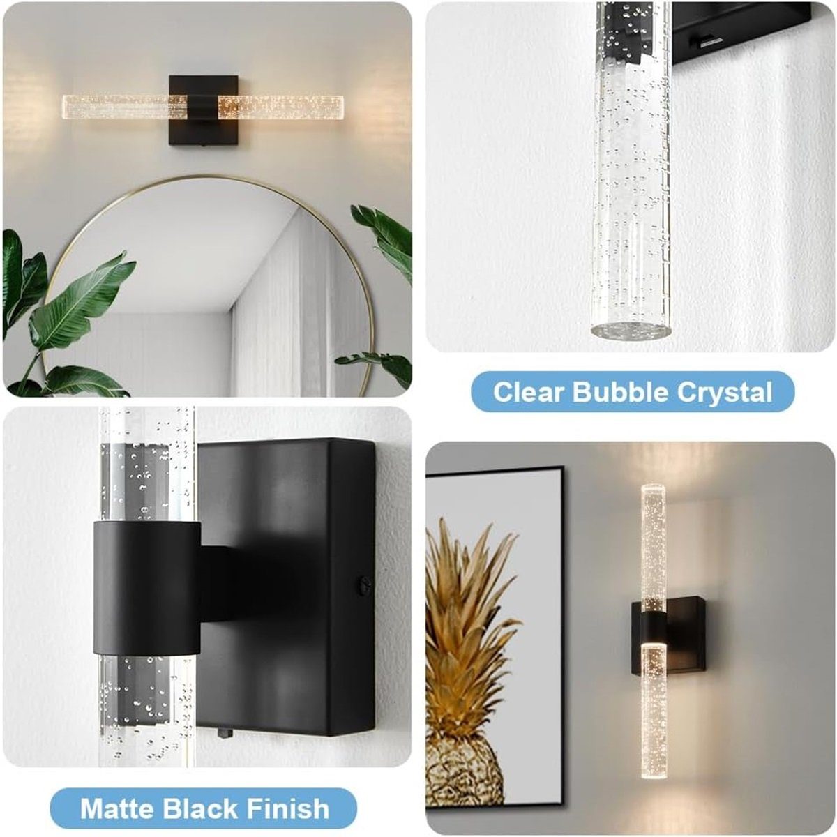 12W Kristall Wandlampe für Wandleuchte Wohnzimmer, DOPWii Schlafzimmer,46*11.5*10 cm Schwarz