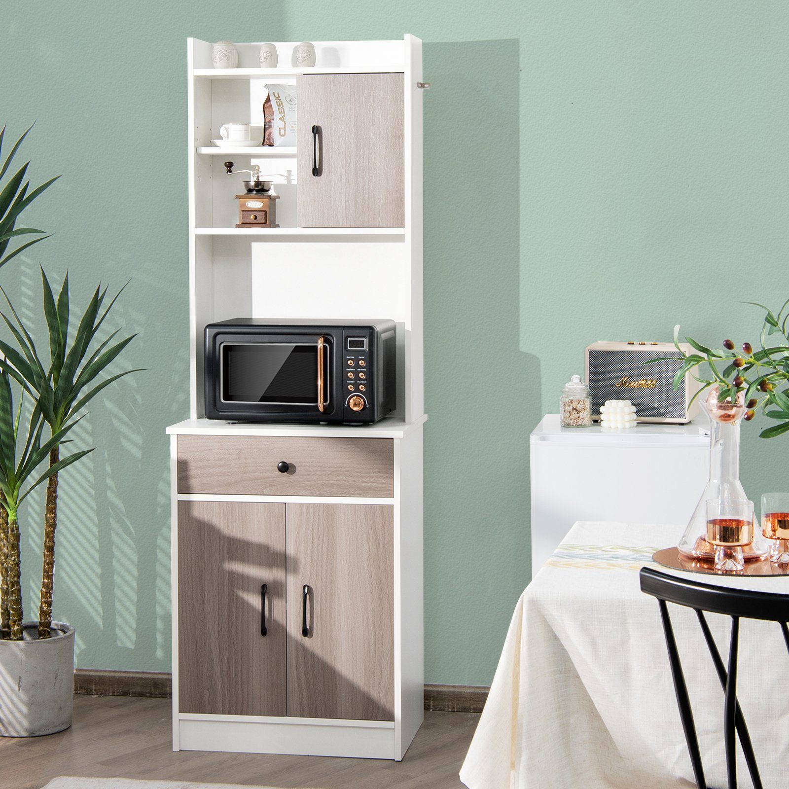 COSTWAY Küchenregal, mit Türen, Schublade, verstellbare Einlegeböden, 180cm Weiß