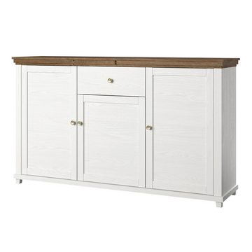 Lomadox Sideboard EPSOM-83, weiß, Abisko Esche Nb. mit Lefkas Eiche Nb., Knopfgriffen messingfarbe