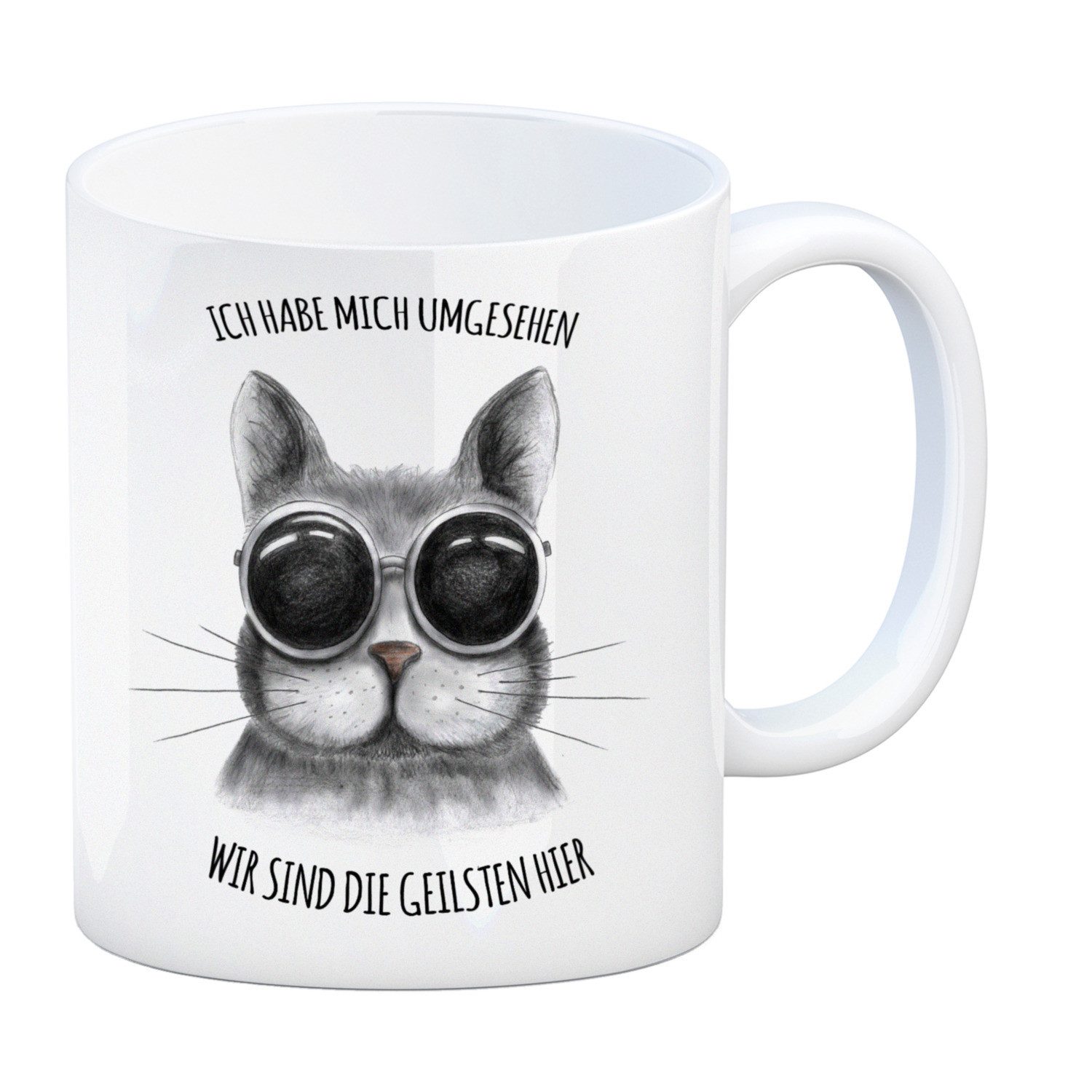 Tasse Kaffeebecher mit Katze Motiv und Spruch: Wir sind die geilsten hier