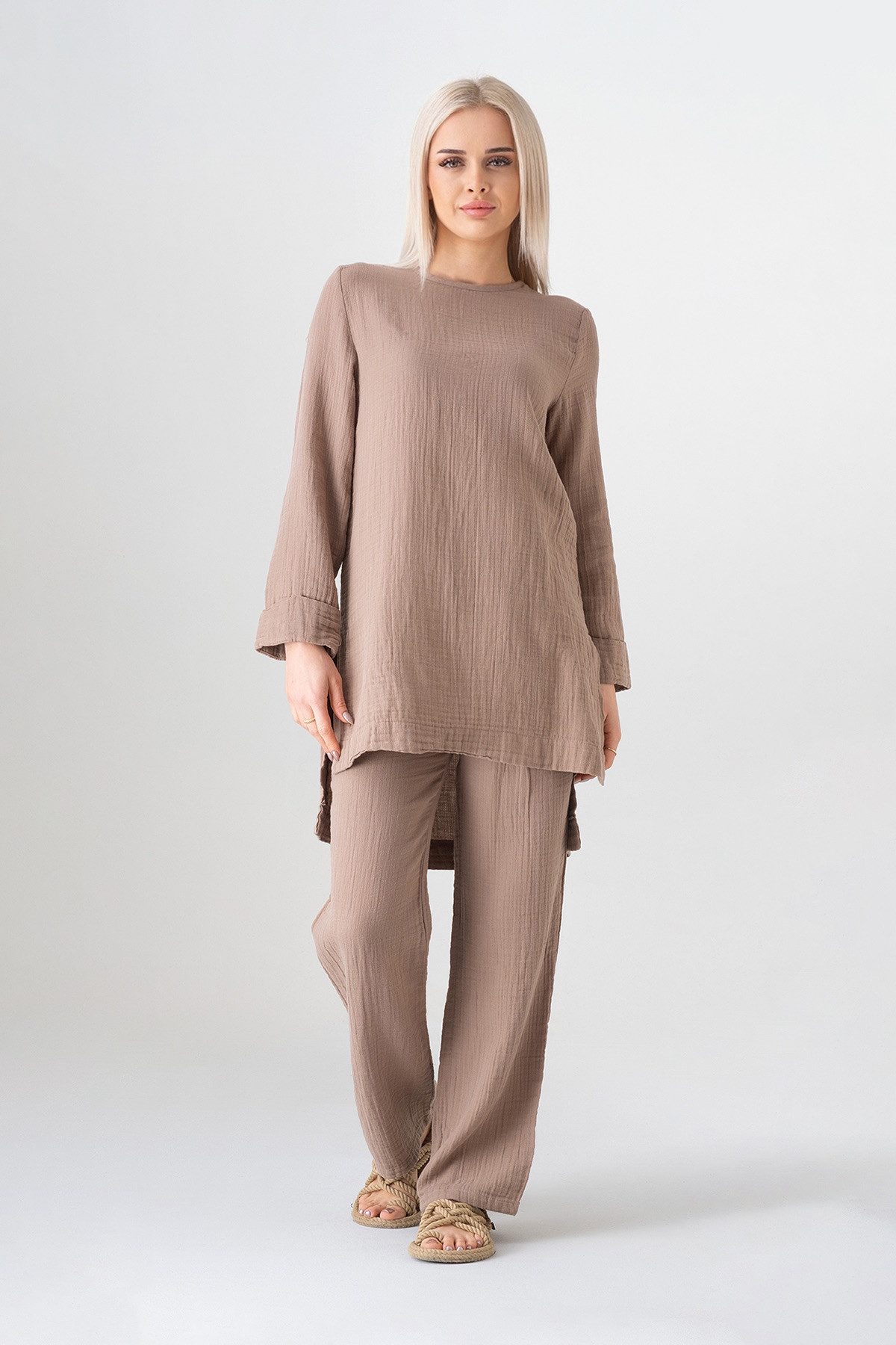 WENOR Hosenanzug Hosenanzug – Tunika Set aus Musselin, 100 % Baumwolle, Modest Fashion (Zweiteilig, 2-tlg., Tunika & Hose) Verlängertes Rückenteil, Zweiteiler mit Tunika und weiter Hose