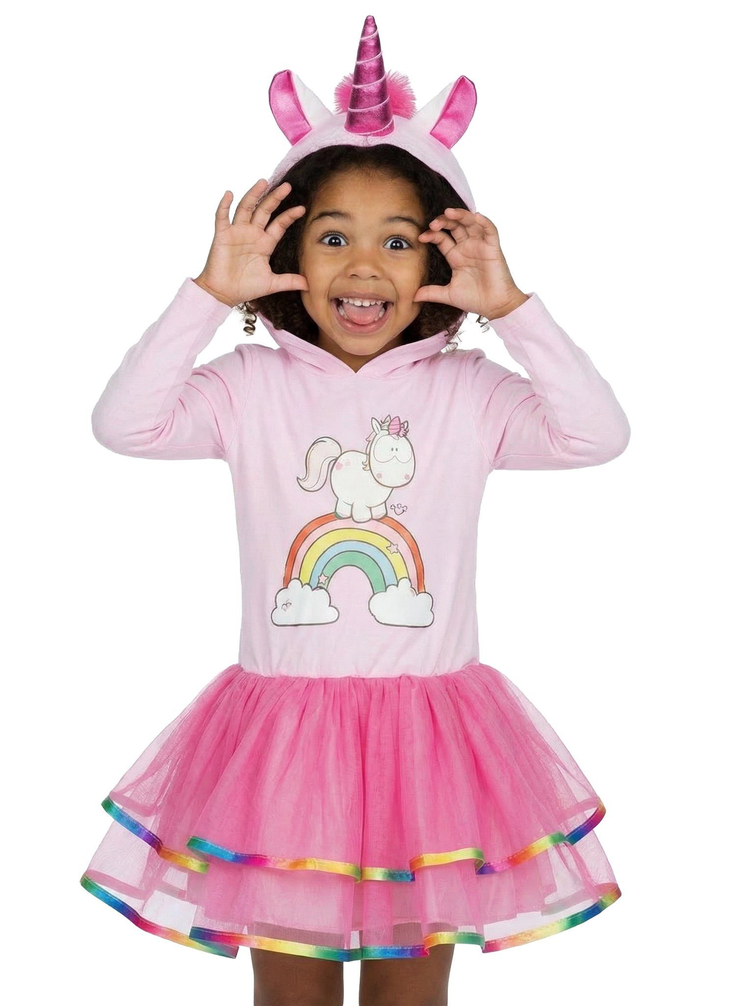 Rubie´s Kostüm Einhorn Theodor Kapuzenkleid für Kinder, Rosa Sommerkleid im Einhorn-Look mit Kapuze, Tüllrock und Schwanz