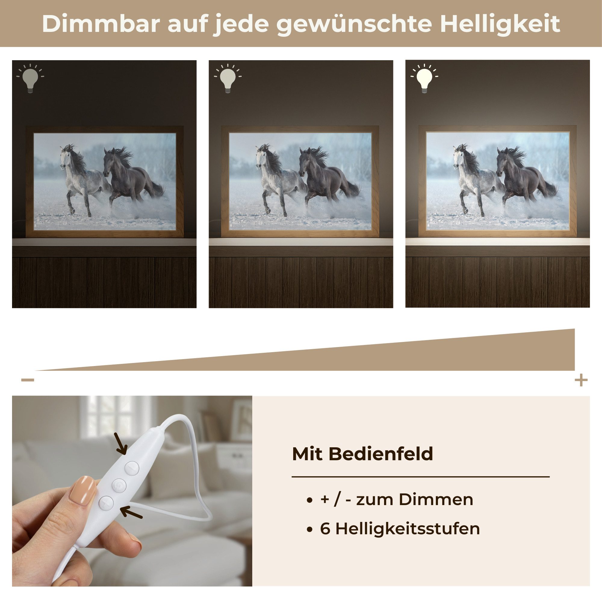 OnlyWow Wandleuchte Lightbox Pferde - Winter - Tiere - Natur - Schnee, Dimmbar, Farbwechsel, LED, Warmweiß, Kaltweiß, Neutralweiß Einstellbar, Wandlampe Innen, Dimmbar, mit Kabel, LED, Modern, Schlafzimmer