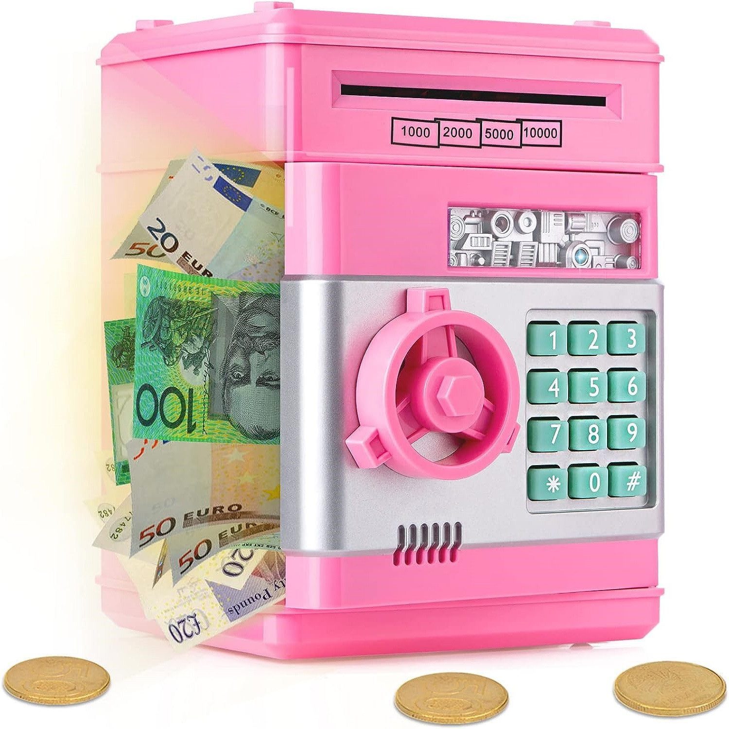 wohnTRAUM24 Spardose Spardose Kinder,Elektronisches Spardose Safe für Kinder Tresor, (Geldbank mit Passwort, Coole Mini-Geldautomaten-Sparschwein, Münzdose, Auto-Scroll-Geldsafe, tolles Geburtstagsgeschenk für Mädchen and Junge)