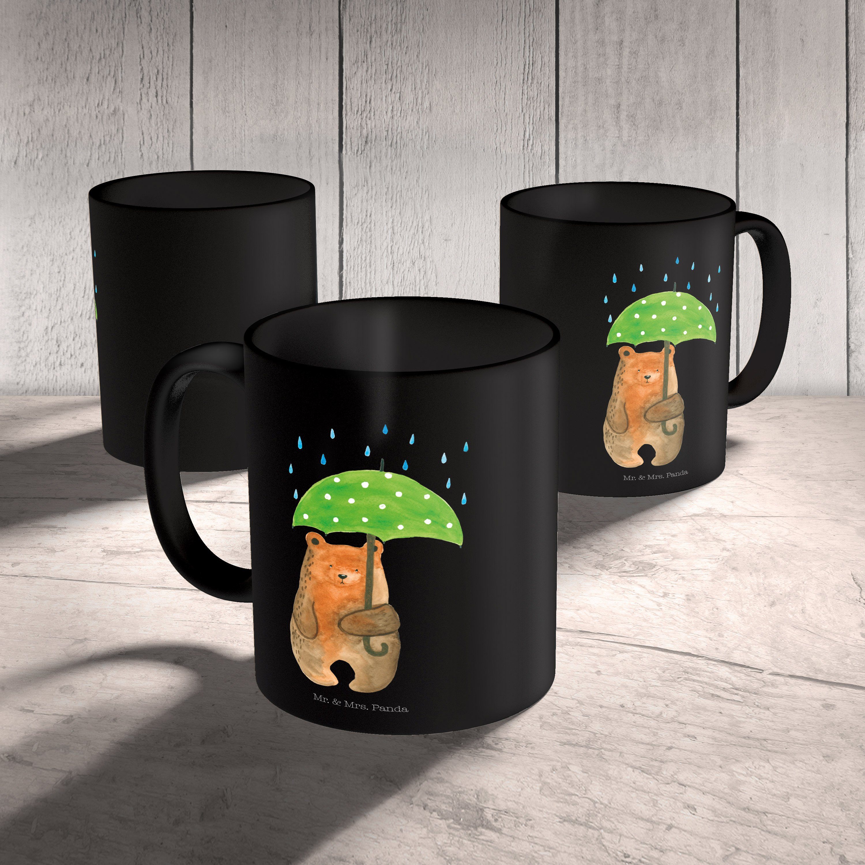 Geschenk, Schwarz Teddy, Tasse Keramik - Tasse, Mr. Regenschirm & Mrs. Panda Schwarz Liebeskummer, mit - Bär