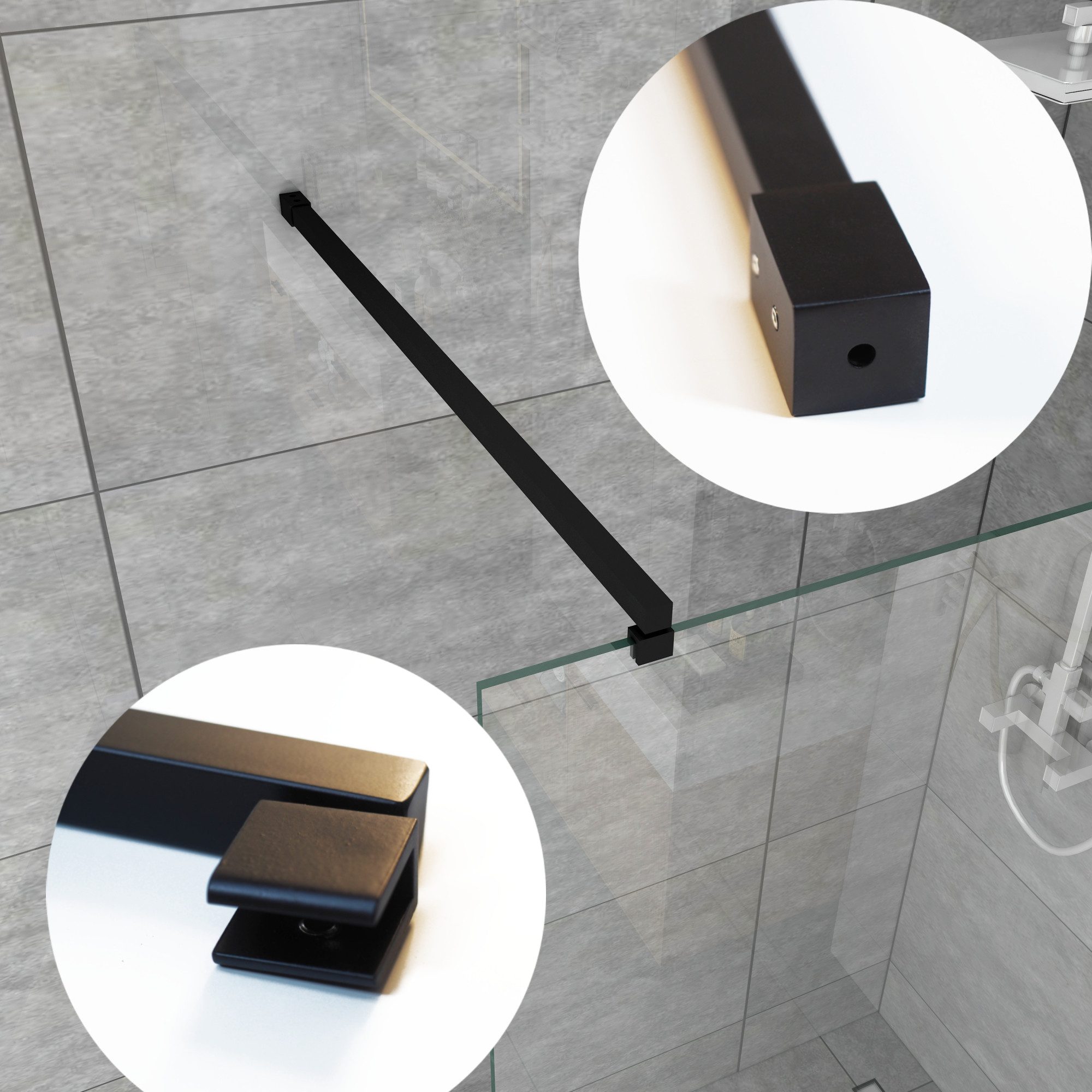 WITEN&NOCK Duschwand-Stabilisationsstange 100 cm Dusche Stabilisationsbügel ‎ Glasstärke 6 -10mm schwarz