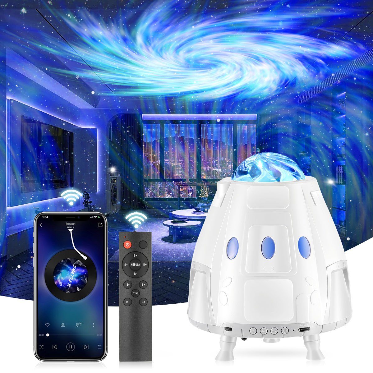 Raumkapsel Projektor Bluetooth Geschenk Nachtlicht Nachtlicht, Projektor, LED Galaxy LED mit fest Weihnachten Lautsprecher/Fernbedienung, für bunt, LETGOSPT Sternenprojektor integriert, LED